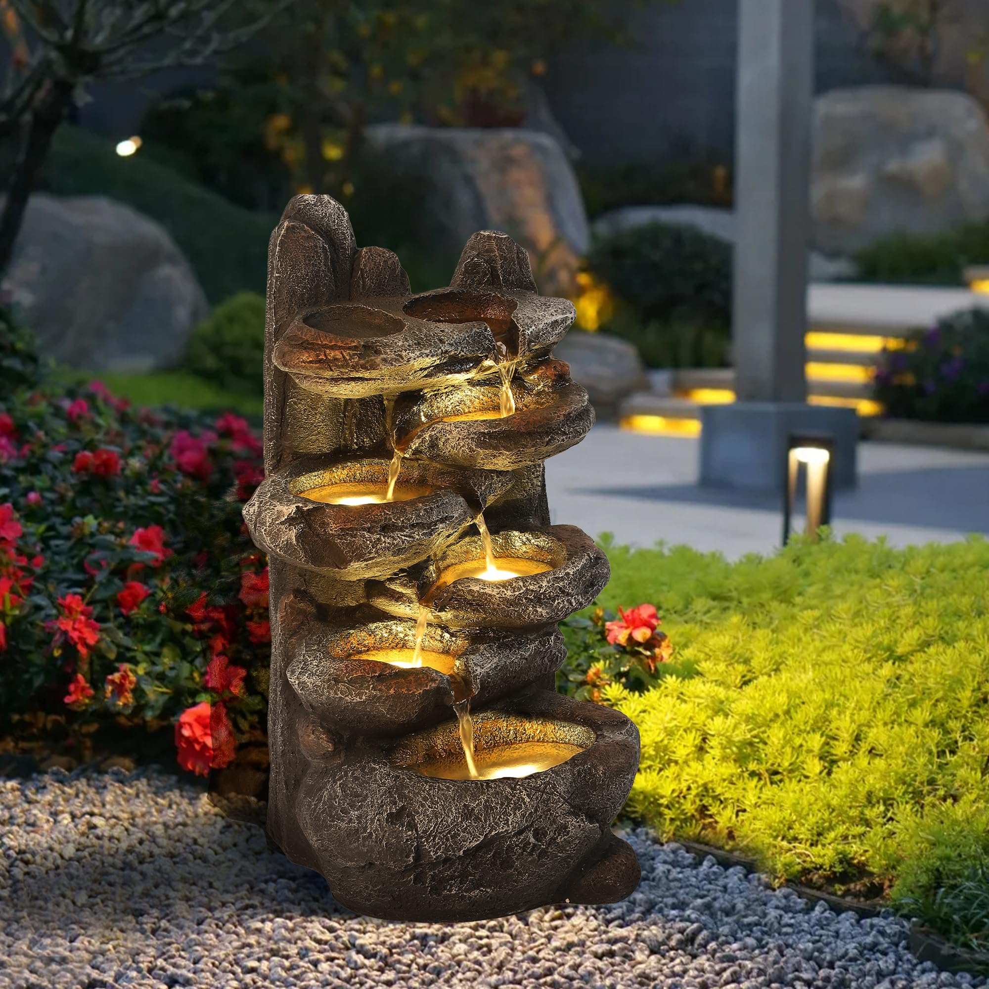 TITIMO 6-Tier Cascading Rock Water Fountain Outdoor Garden Waterfall with Lights,Fountain Indoor Decor for Garden, Patio, Backyard, Deck, Porch and Home Art Decor