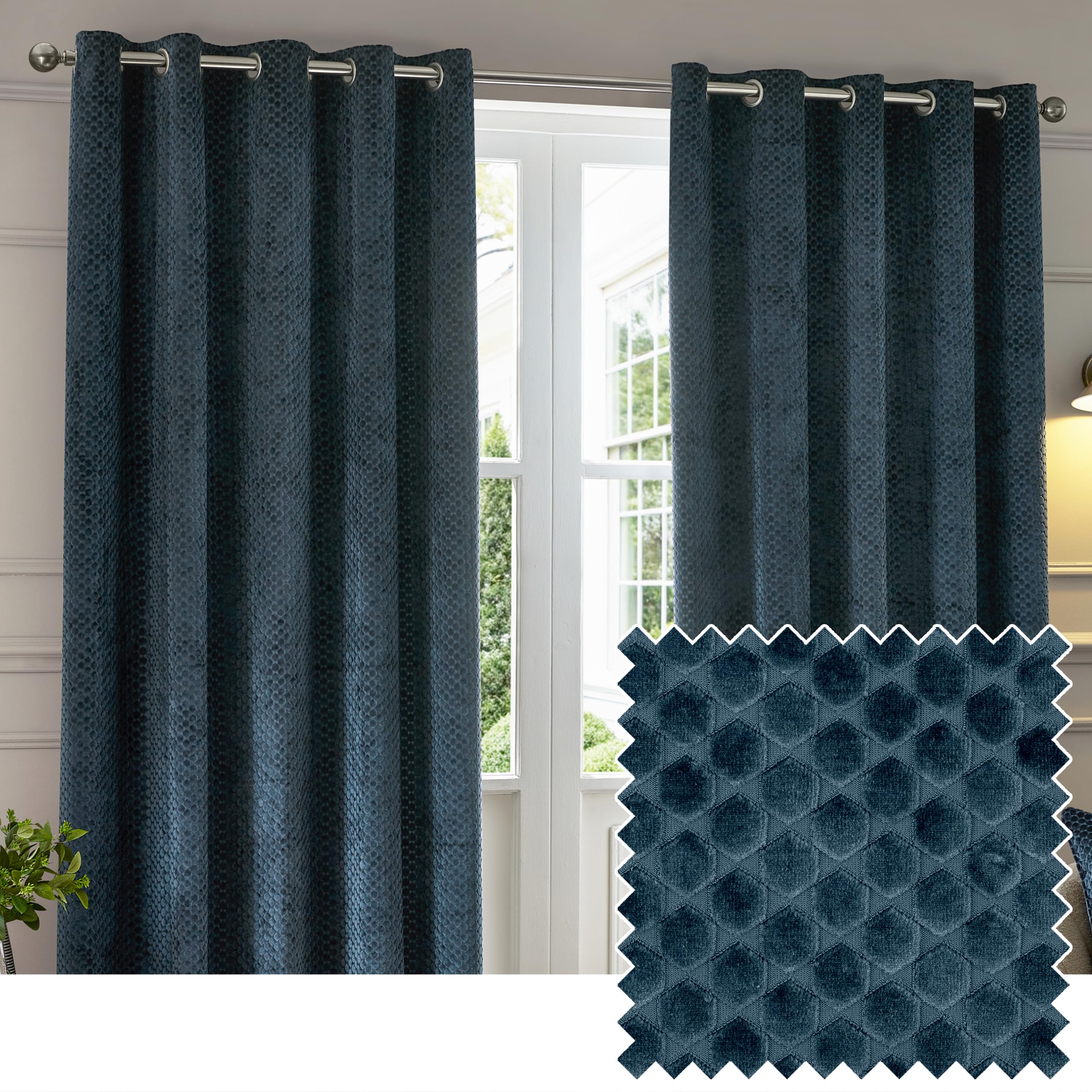 Paoletti Geometric Cut Velvet Eyelet Curtains - Blue - 229cm
