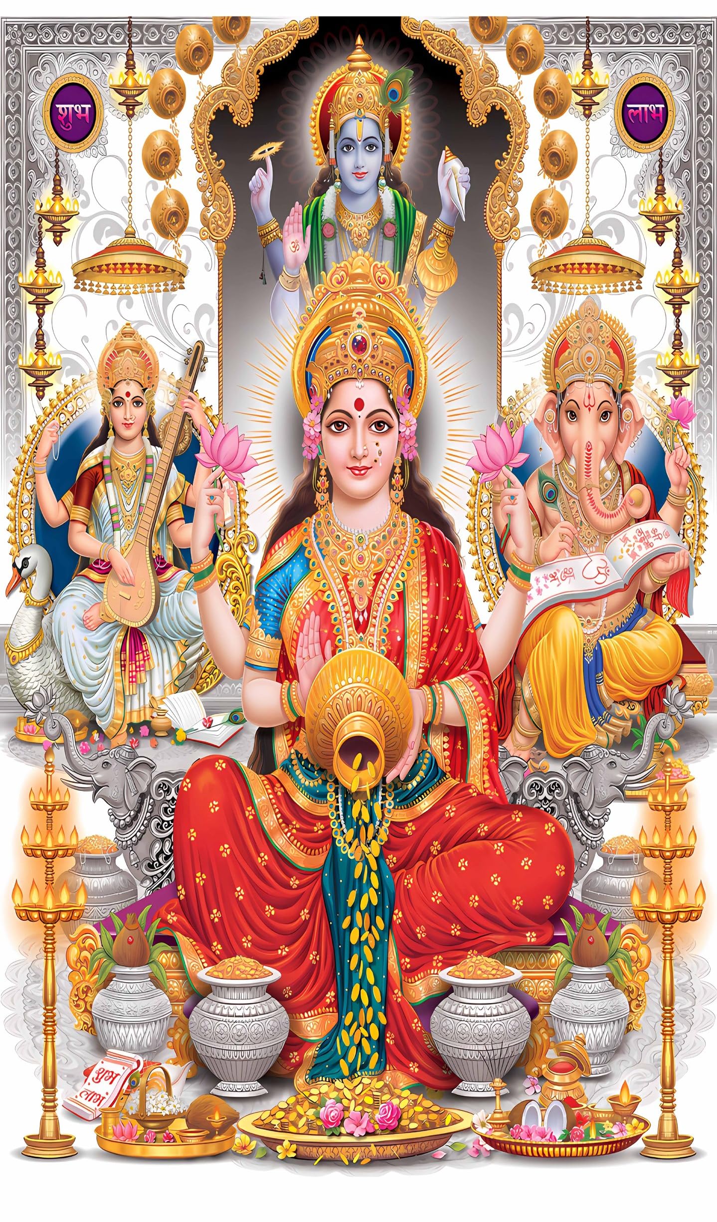 Ashvath Fashion Lord Vishnu, Ganesha, Goddess Laxmi, and Sarawati Design Backdrop Cloth for Pooja Decoration Traditional/Background Curtain Size 8Feet Height and 5Feet Width(8 * 5)