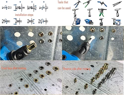 Miniatura 8 de LBY 60 tuercas remachadoras de acero al carbono, kit surtido de tuercas de rosca M6 (medio hexagonal), acero al carbono, chapado en zinc, amarillo