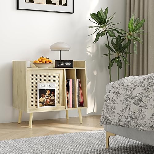 Miniatura 9 de Semiocthome Soporte para tocadiscos con almacenamiento de vinilo, mesa de tocadiscos con puerta de armario de ratán, soporte para discos de vinilo