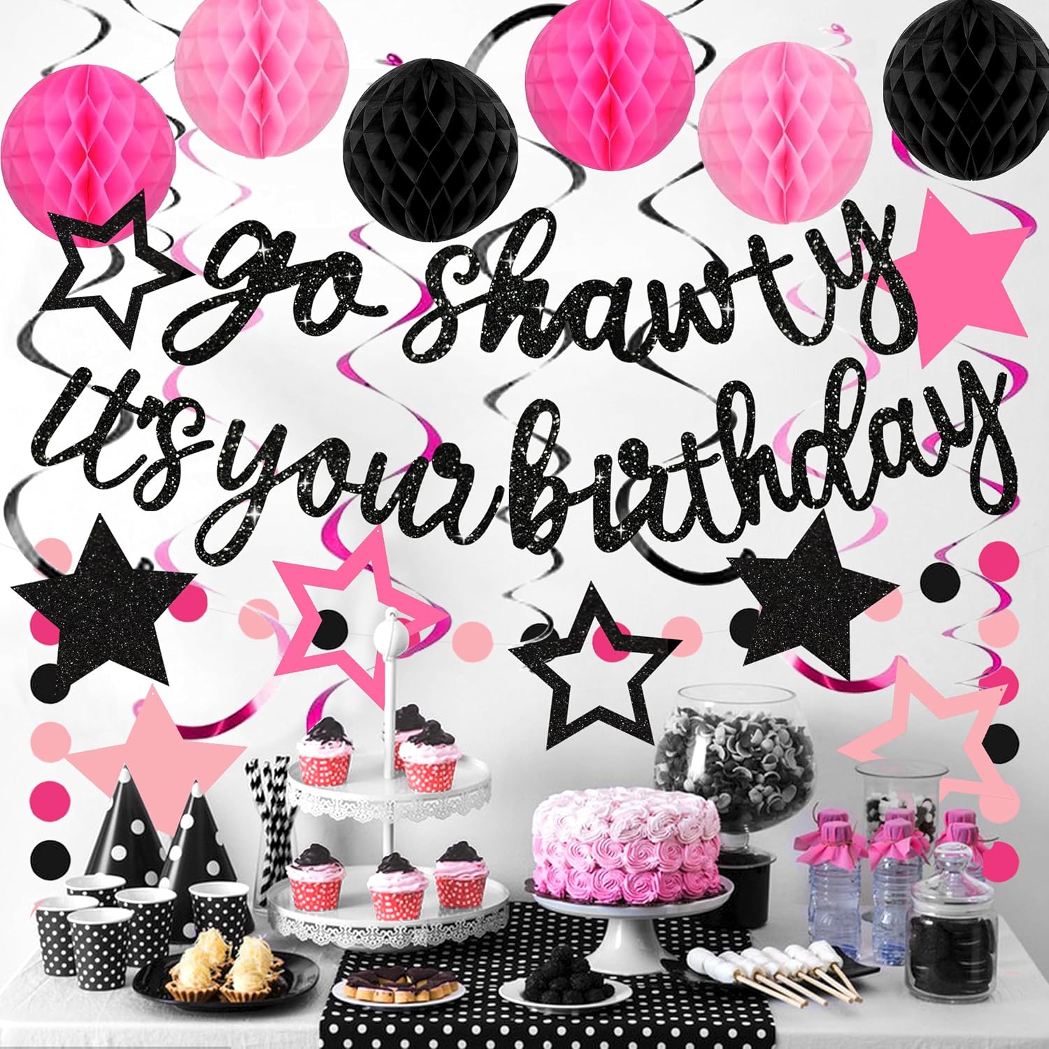 Black Hot-Pink Birthday Decorations, Go Shawty It's Your Birthday Banner with Honeycomb Balls, Star Hanging Swirl Streamer, Circle Dot Garland,Happy Birthday Party Decoration Women Girls