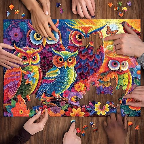 Miniatura 7 de PICKFORU Rompecabezas de búho para adultos de 1000 piezas, rompecabezas de pájaros coloridos para jardín, rompecabezas de flores de animales,