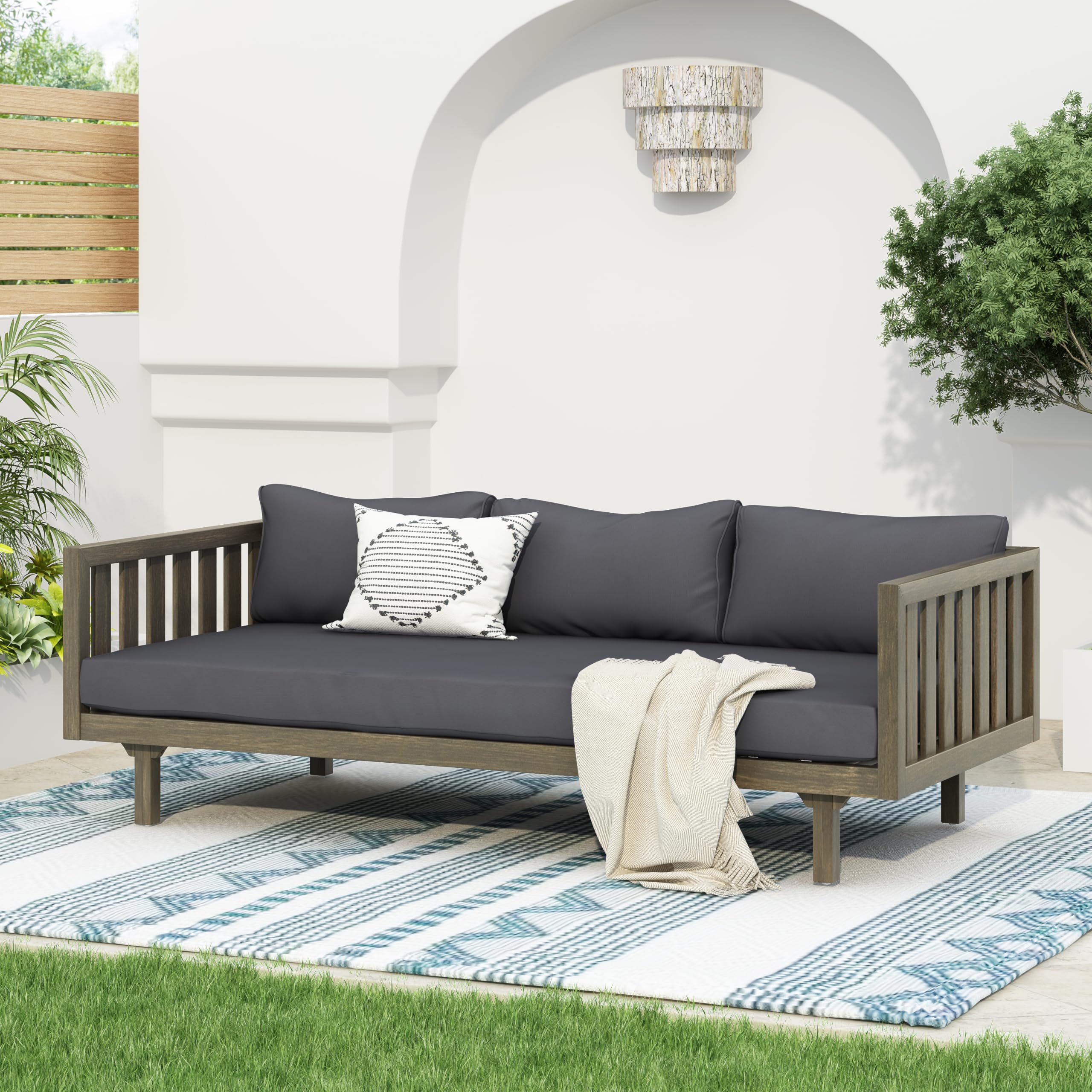 Christopher Knight Home Claremont Outdoor 3 Seater Acacia Wood Daybed with Fabric Water Resistant and Removable Cushions, Patio Garden Sofa with Slat