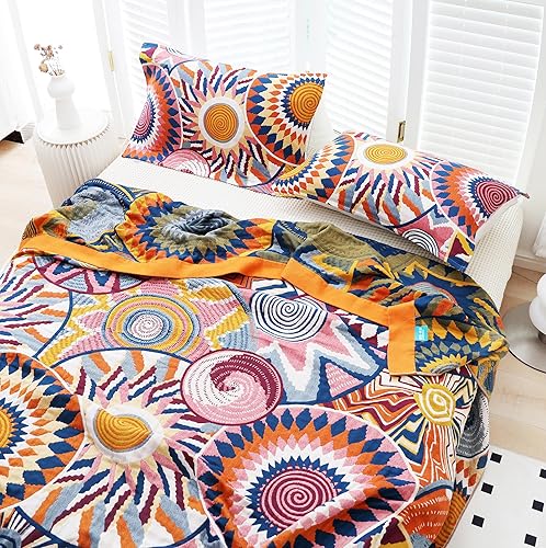 Miniatura 10 de MEJU Bright Flower - Manta de muselina amarilla y azul para todas las estaciones, para cama, sofá, sofá, 100% algodón peinado, 4 capas, suave,