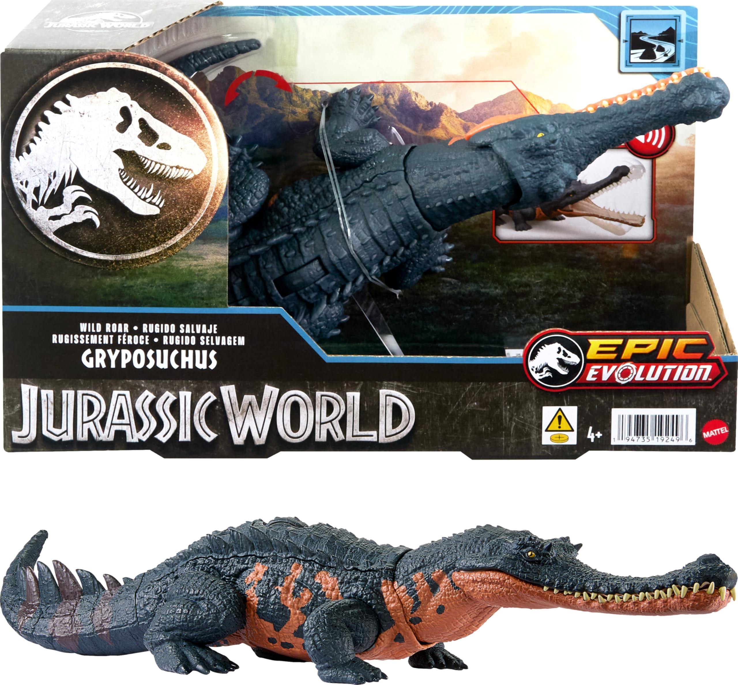Mattel Jurassic World Wild Roar Gryposuchus Dinosaur Figure with Continuing Roar Sound & Attack Action, Posable Physical Toy & Digital Play