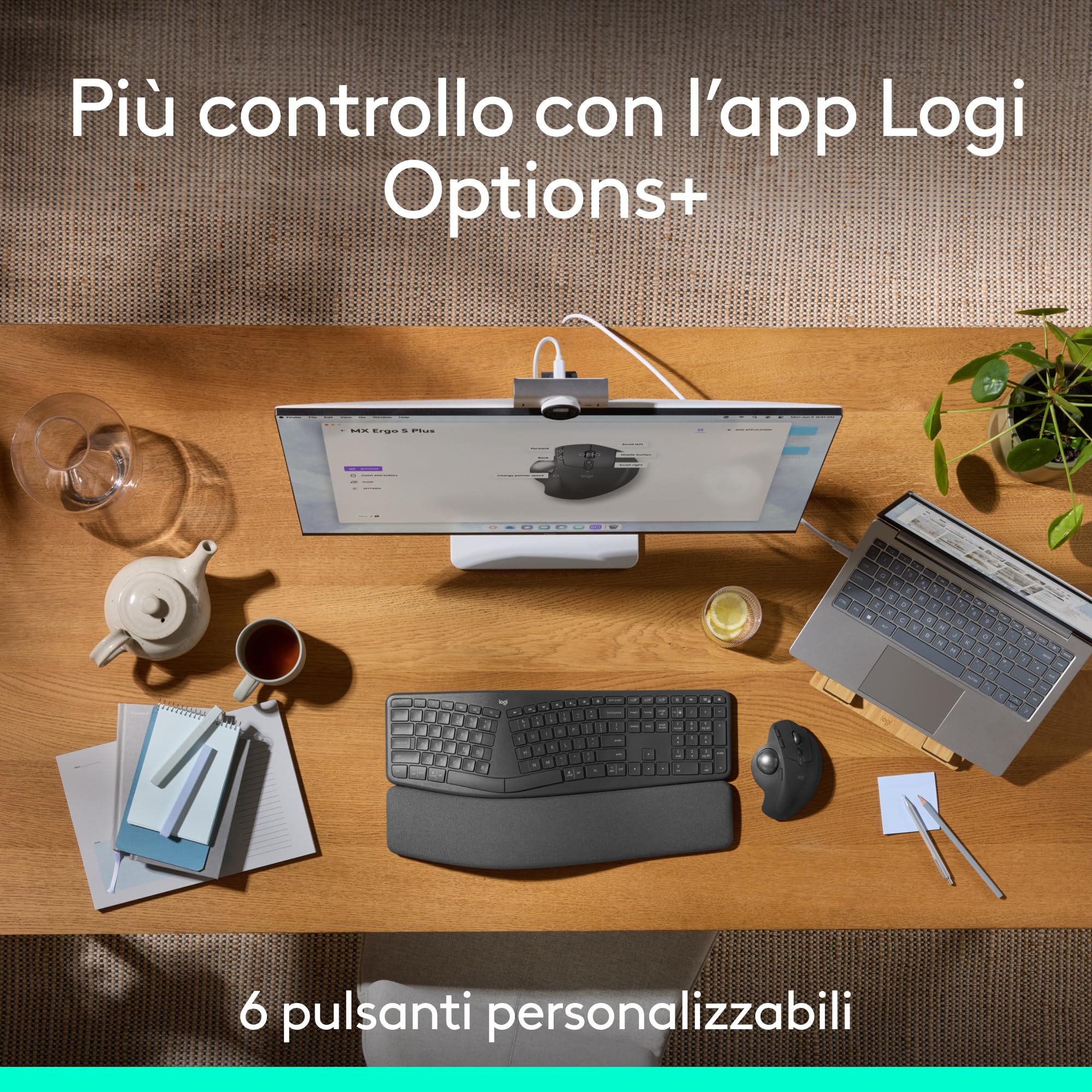 Logitech MX Ergo S mouse trackball wireless avanzato, mouse ergonomico wireless ricaricabile USB-C con Bluetooth e dongle crittografato, 6 pulsanti programmabili, per PC/Mac - Grafite