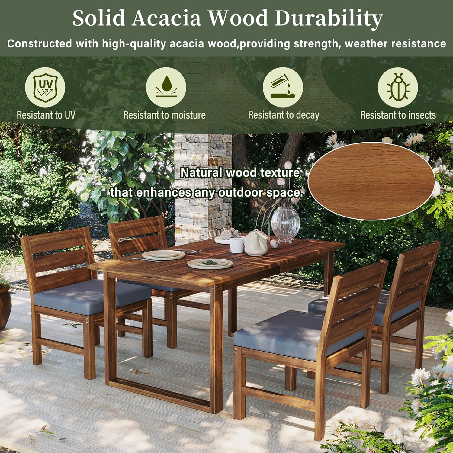 5-Pieces Patio Dining Set with Adjustable Legs and Removable Cushions, All-Weather Outdoor Acacia Wood Dining Table for 4, for Patio, Backyard, Deck, Poolside (Brown)