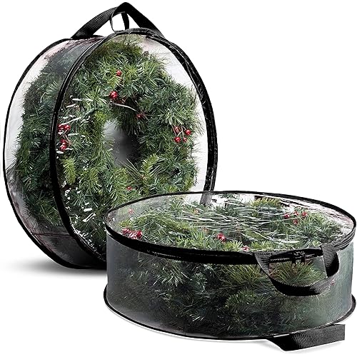 Zober Christmas Wreath Storage Container - 36 Inch Plastic Wreath Storage Bag - Dual Zippered Wreath Bag - Durable Stitch Reinforced Handles - Wreath Christmas Storage - 2 Pack