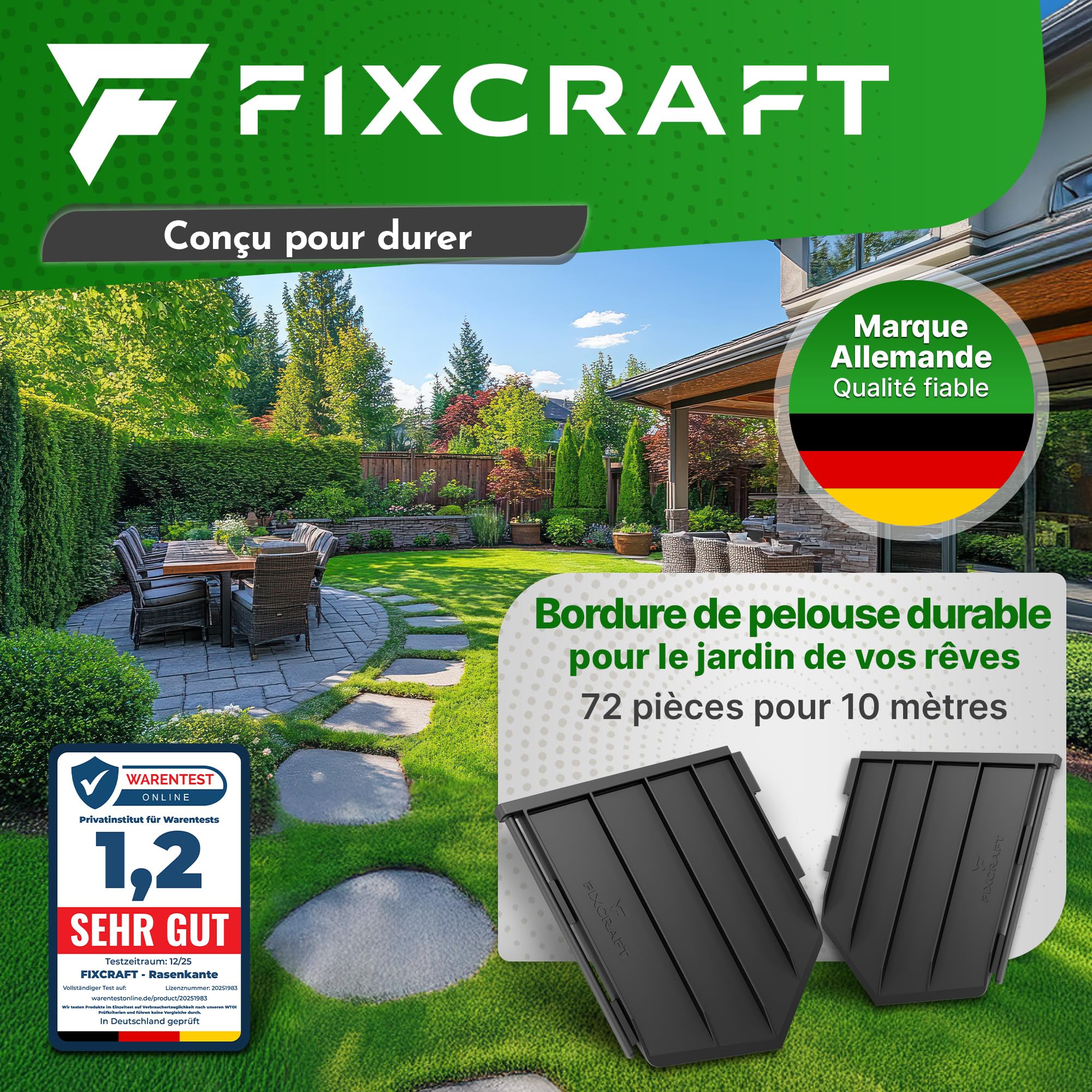 Bordure de Jardin 10m [15cm Hauteur] - Bordure Pelouse Plastique | Bordure flexible pour Pelouse, Massif, Allée | Extra stable, anti-pli, Tête de Frappe large | Sûr pour Robot Tondeuse