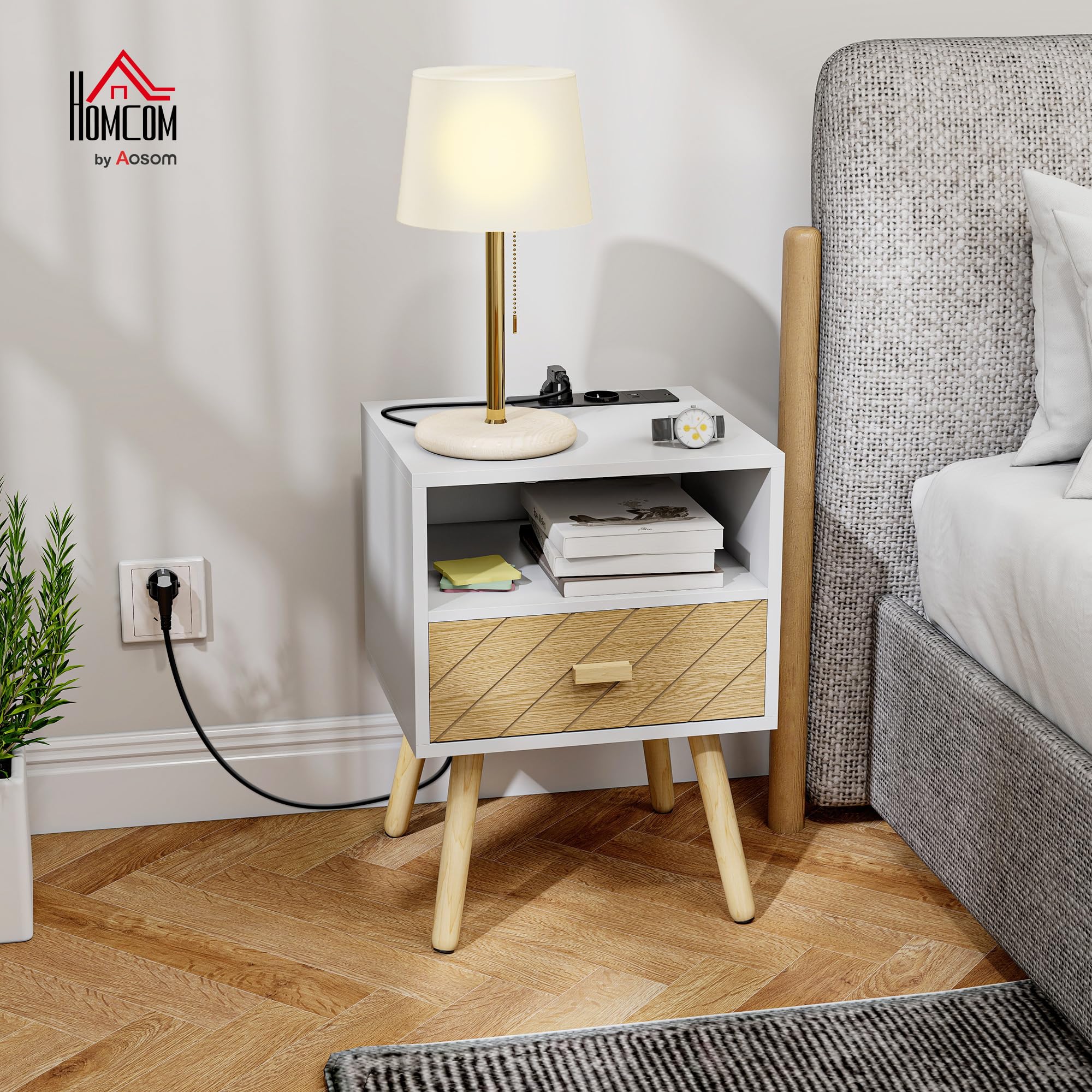 HOMCOM Mesita de Noche con Estación de Carga, Mesilla de Noche con Cajón, 2 Tomas AC, Puerto USB y Tipo-C, Compartimento Abierto, Patas de Madera, para Salón, Dormitorio, Blanco