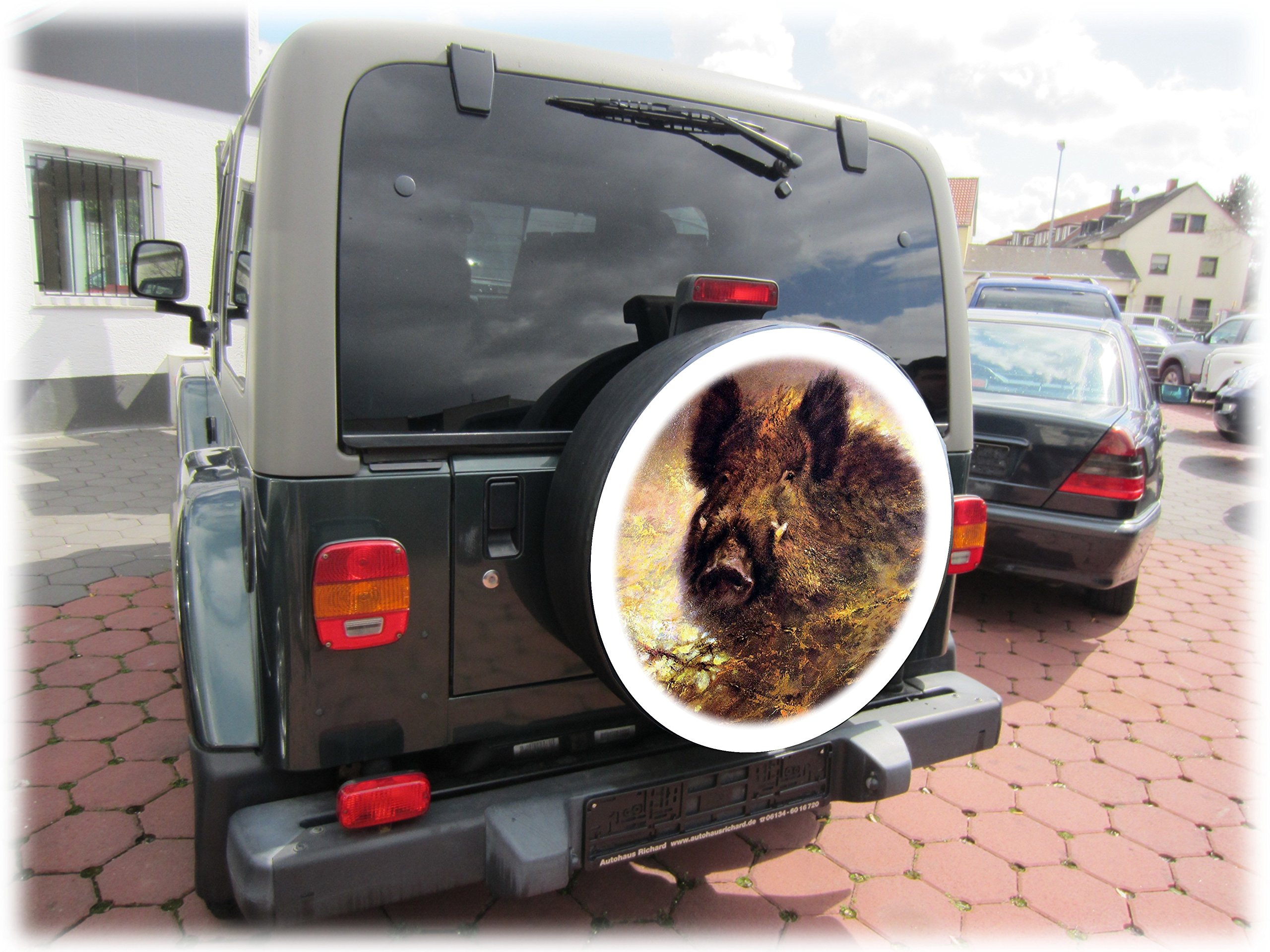 AB3-00187 Wildschwein Keiler Reserveradabdeckung 79x30 cm aus Planenmaterial und Kunstleder Reserveradhülle Ersatzradabdeckung Reifencover Radhülle Überzieher Diameter 79 cm - 31´´ Width 30 cm - 12´´