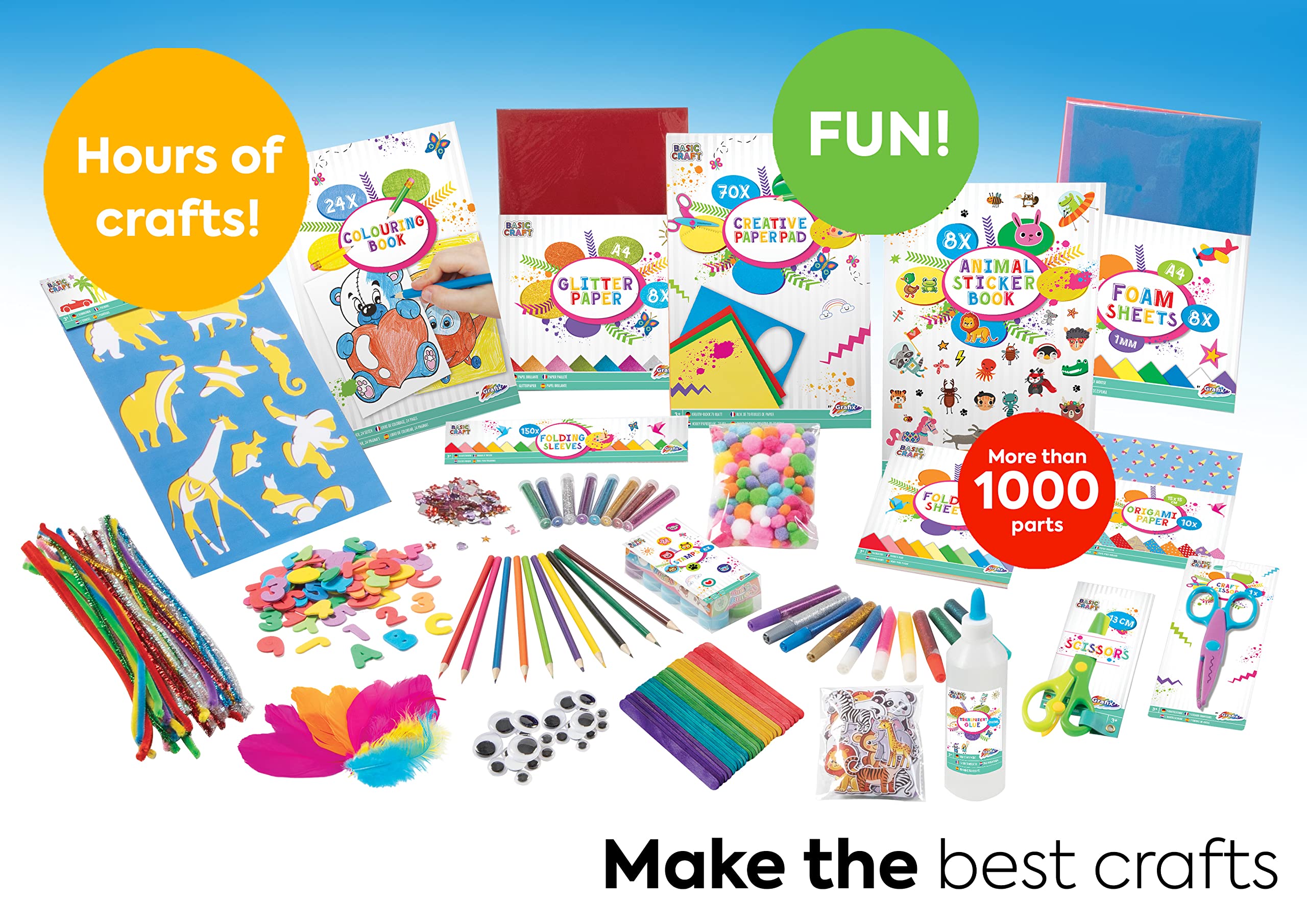 Grafix Caja Manualidades Niños XXL a Partir de 4 Años | 1000 Piezas de Materiales para Manualidades | Kit Manualidades para Niños y Niñas | Scrapbooking Pegatinas Decoración Lápices Purpurina