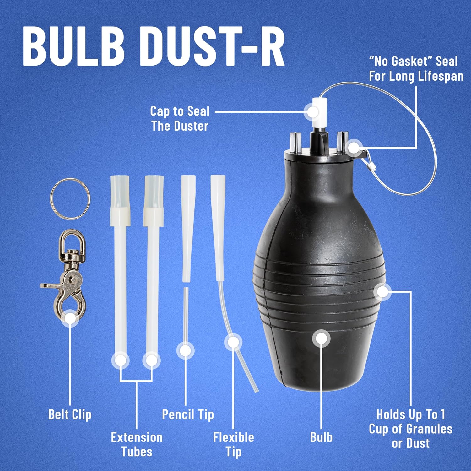 B&G Bulb Dust-R (11005810) – Heavy-Duty Natural Rubber Hand Duster – Professional-Grade Applicator for Dusts & Granules –Includes Application Tips, Extension Tip & Belt Clip
