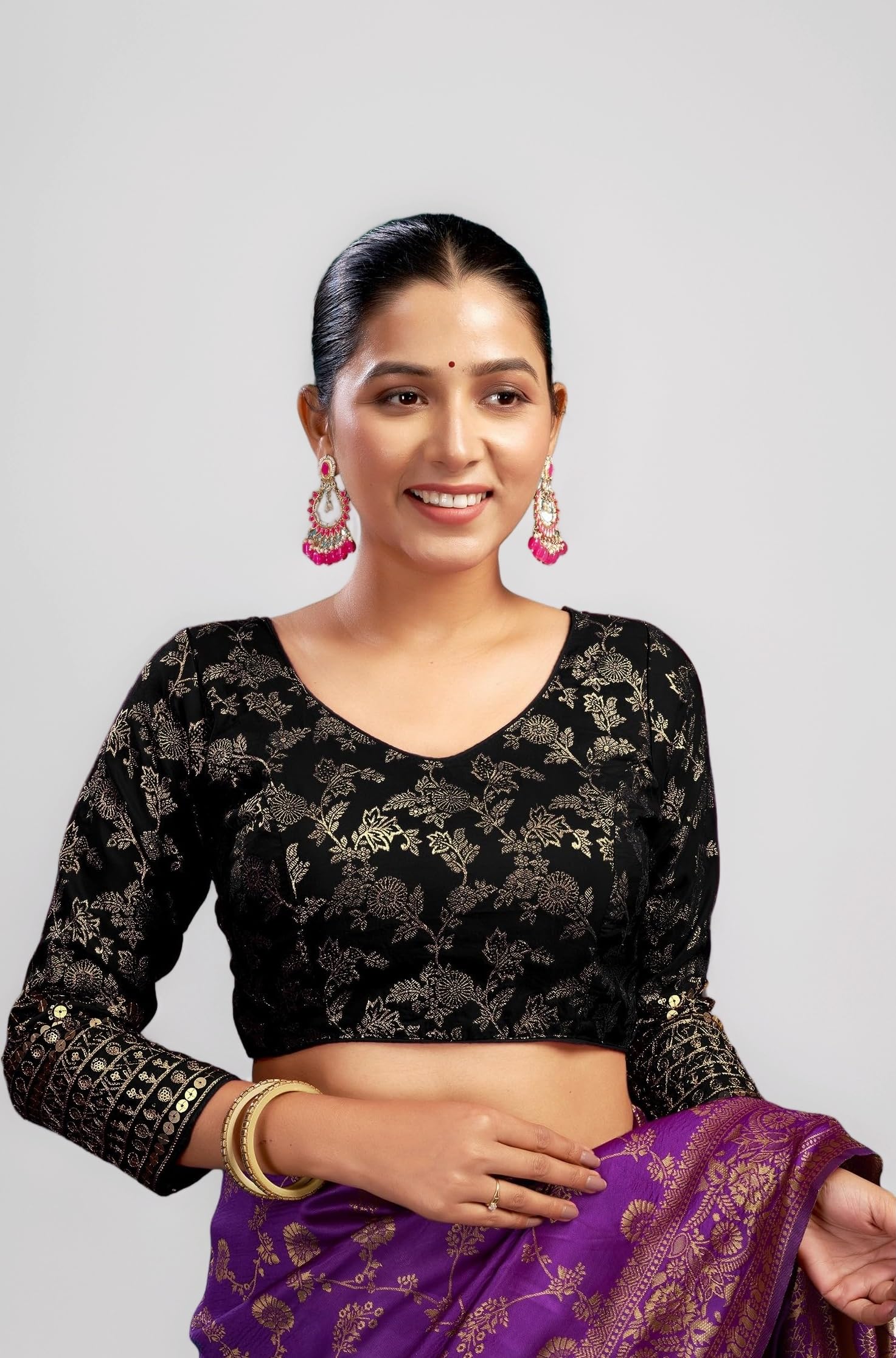 SIRIL Readymade Saree Blouse for Women | Silk Blend Sequence Embroidery 3/4 Sleeve Blouse | Stitched Padded Blouse