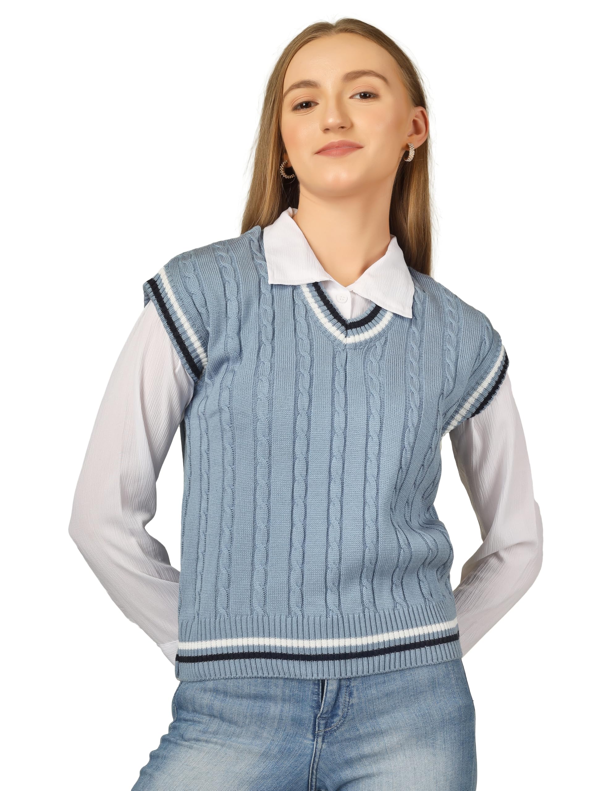 dreamdiva Women’s Knitted V-Neck Sweater Vest – Sleeveless Pullover with Striped Hem-picture-15