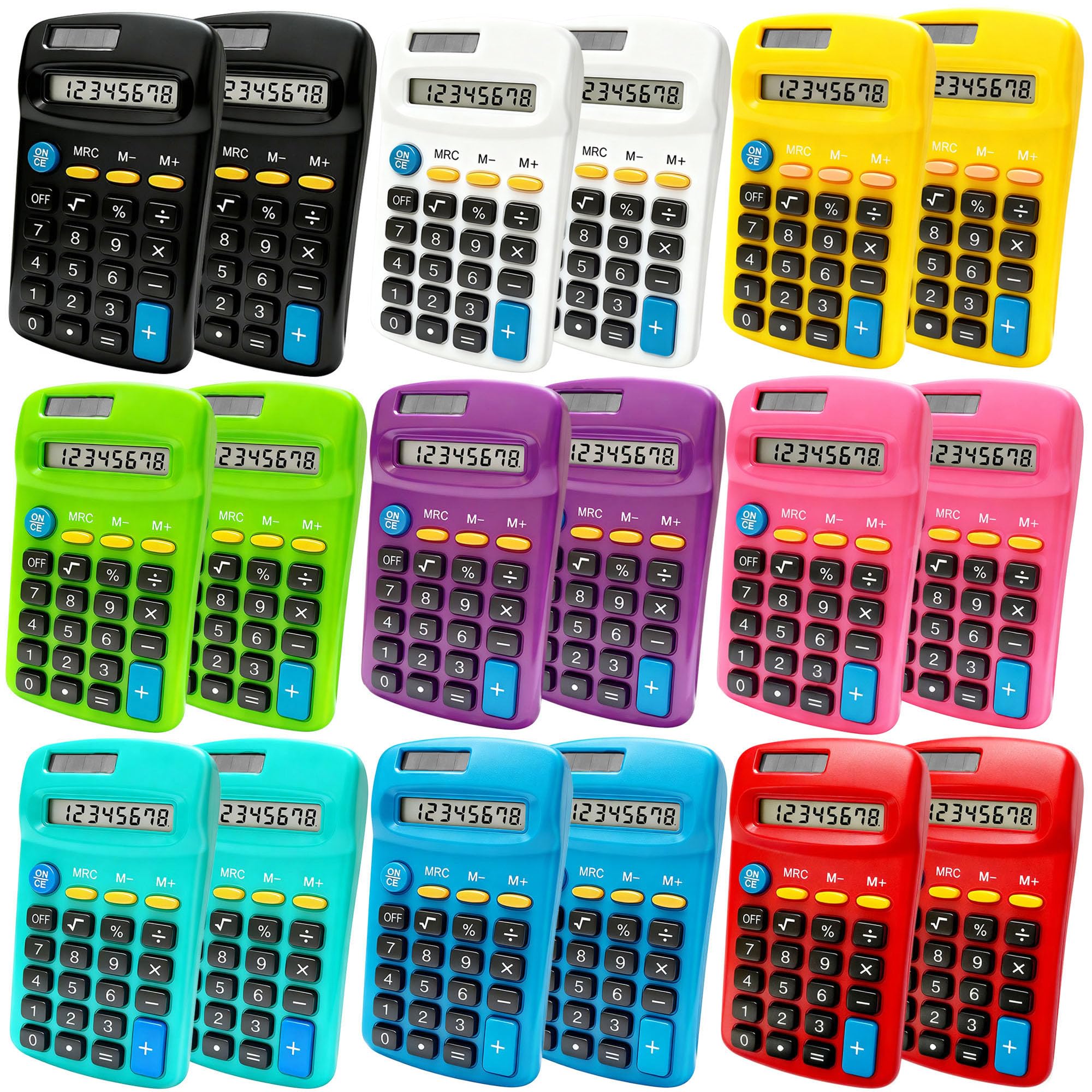 18 Pack Pocket Calculator Bulk: 8 Digit Hand Held Basic Calculator Small Solar Battery Dual Power Mini Calculators for Classroom Students Desktop School Home Office (Multicolor, 18 Pcs)