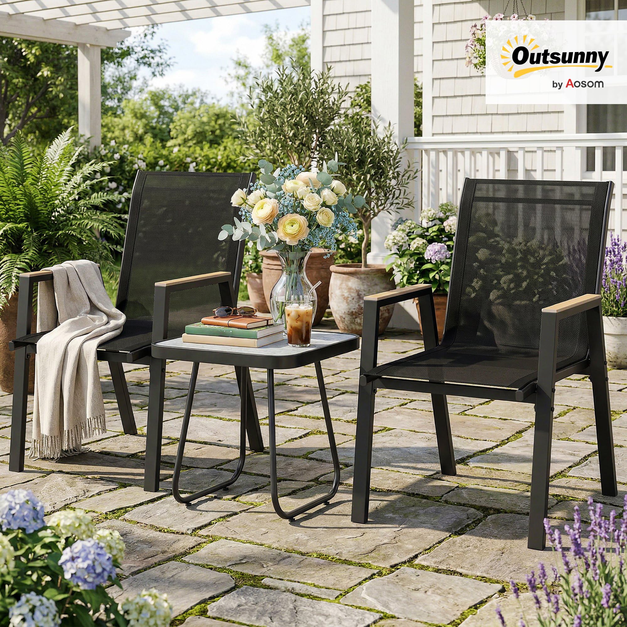 Outsunny Set da Bistrò da 3 Pezzi con 2 Sedie in Texteline, Tavolo Effetto Marmo e Braccioli Decorativi, Set di Mobili da Giardino in Metallo per Terrazzo Patio Balcone, Nero