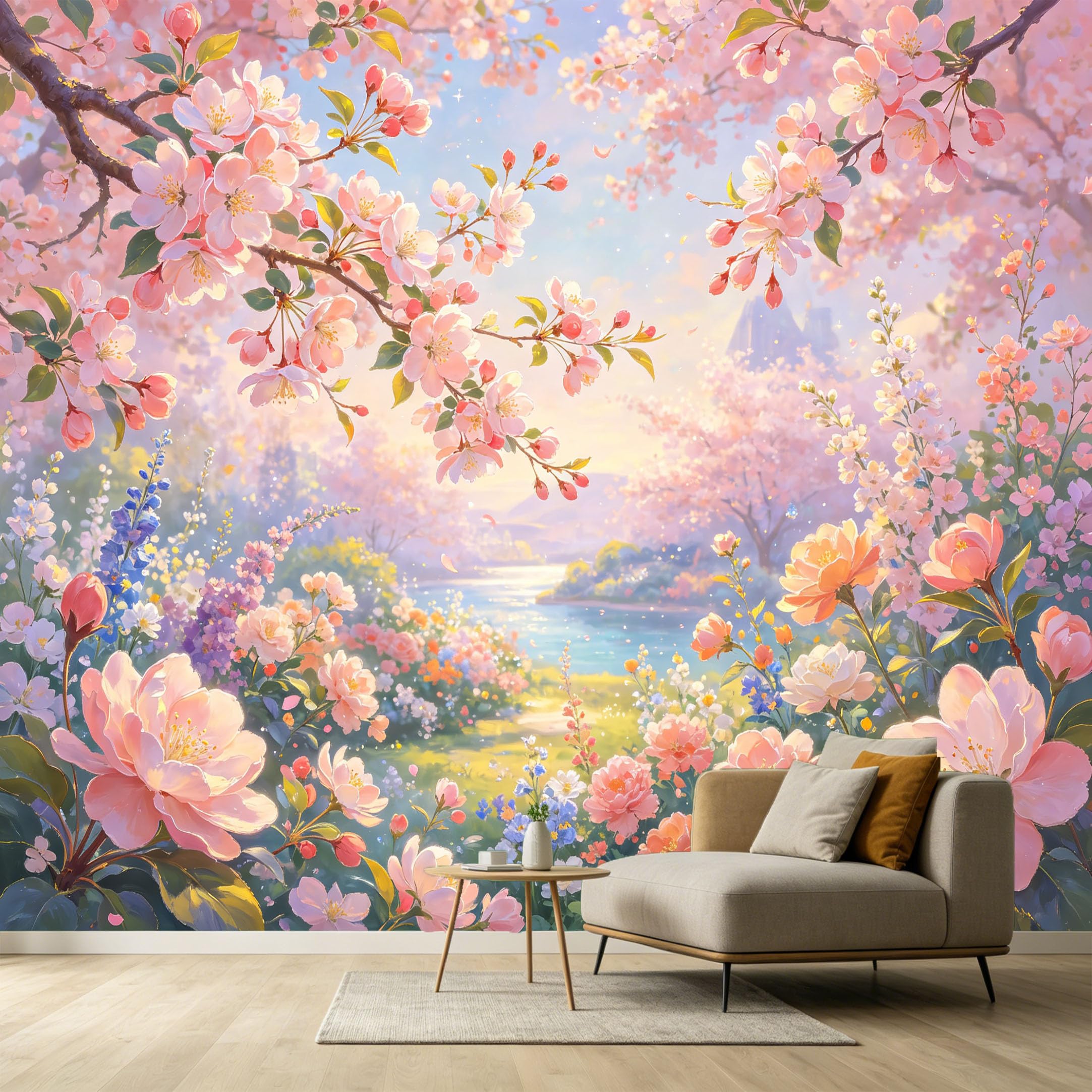 Custom Size Wall Murals Botanical Spring Cherry Blossom Landscape Watercolor SelfAdhesive Wall Fabric Removable Large Wallpaper for Photo Living Room Interior Decor