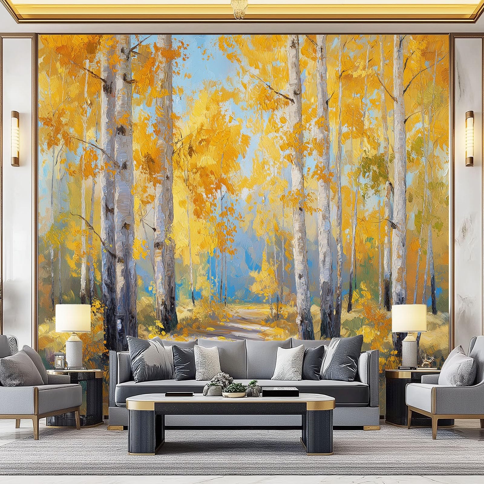 Fototapeta naturalna żółta brzozowa las ścieżka tapeta z włókniny dekoracja salonu sypialni biura 300 x 210 cm