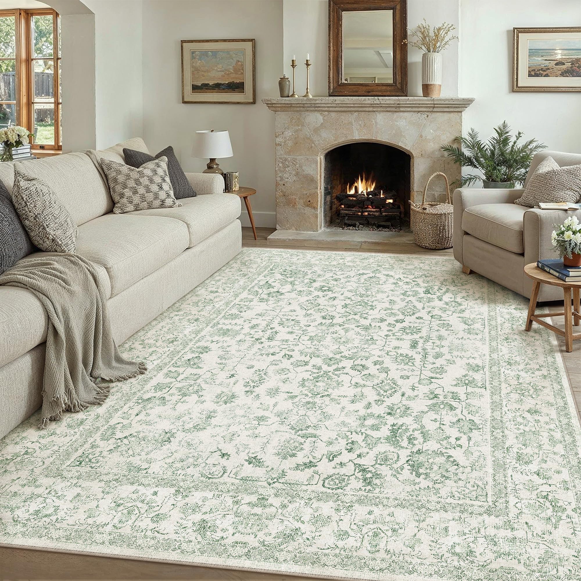 PureCozy Vintage Waschbarer Grau Teppich klein Carpet Kurzflor rutschfest Boho Rug