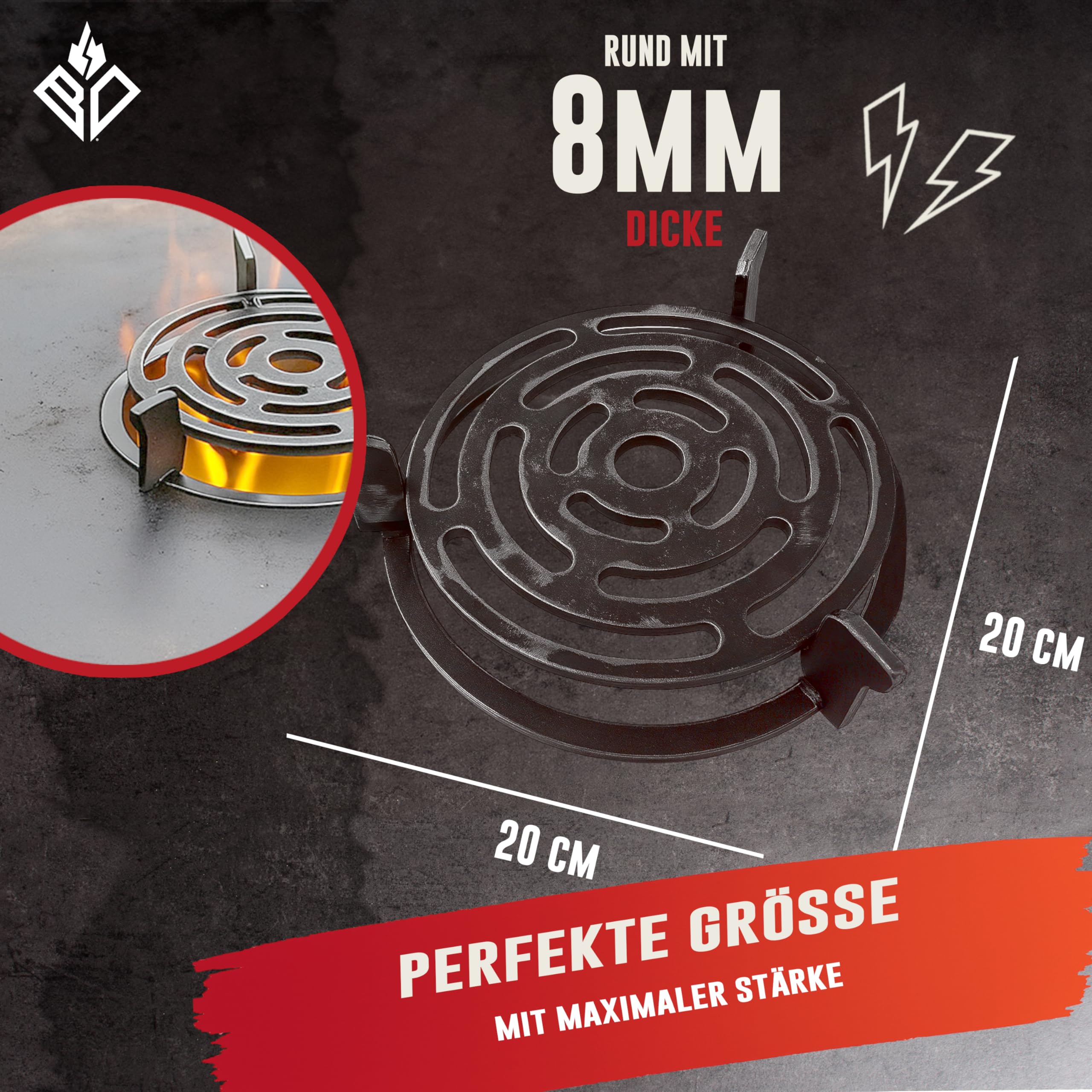 Wok- & Pfannenhalter (Aufsatz) für Feuerplatte ⌀ 20cm (MADE IN EUROPE) - Grillaufsatz & Grillrost für Feuertonne & Kugelgrill (rund) legierter Stahl mit abnehmbaren Rost (Zubehör)