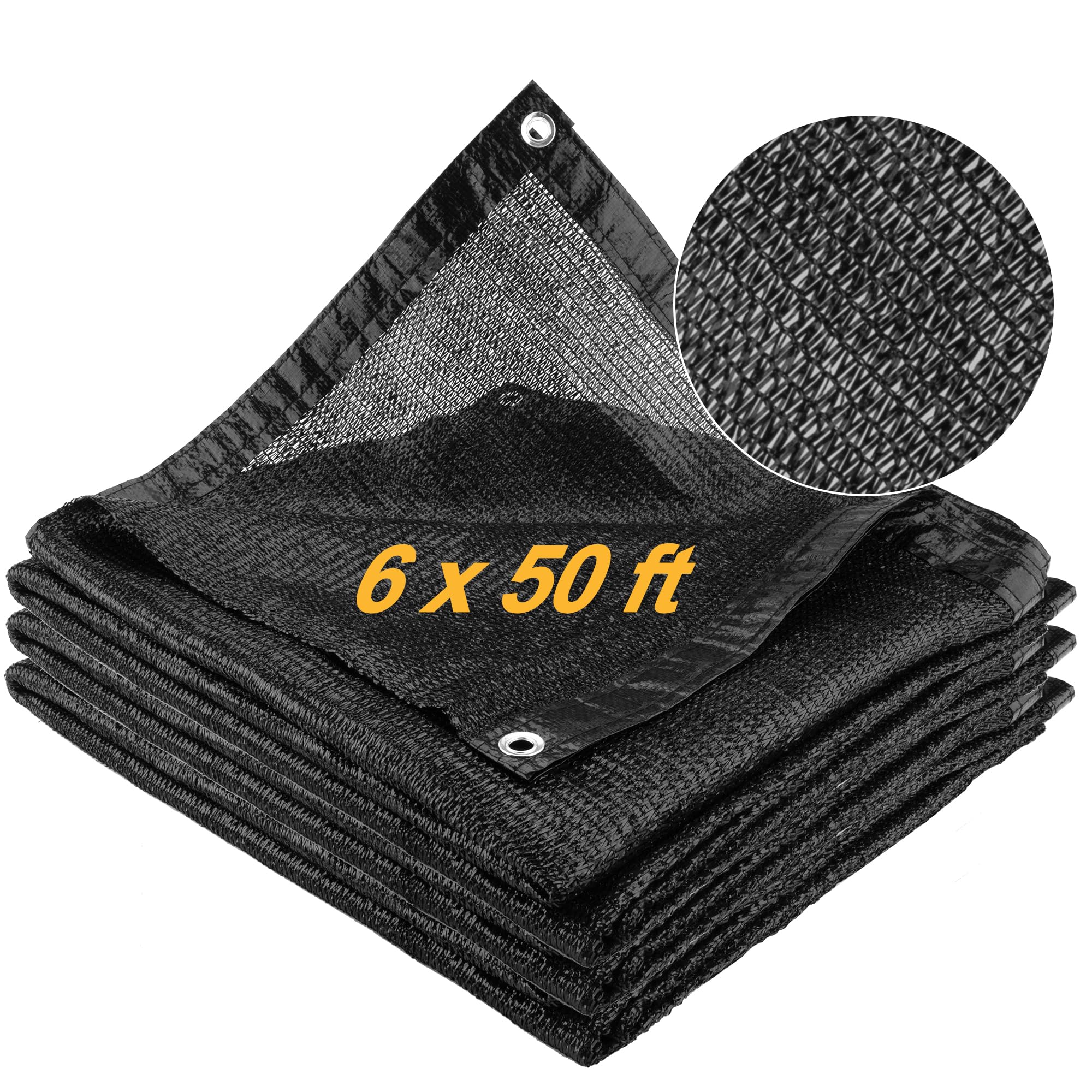 SPORTYOUTH 70% Shade Cloth for Patio, 6x50 ft Mesh Tarp with Grommets, UV Resistant Black Sunblock Sun Shade Netting Cover for Garden, Greenhouse,