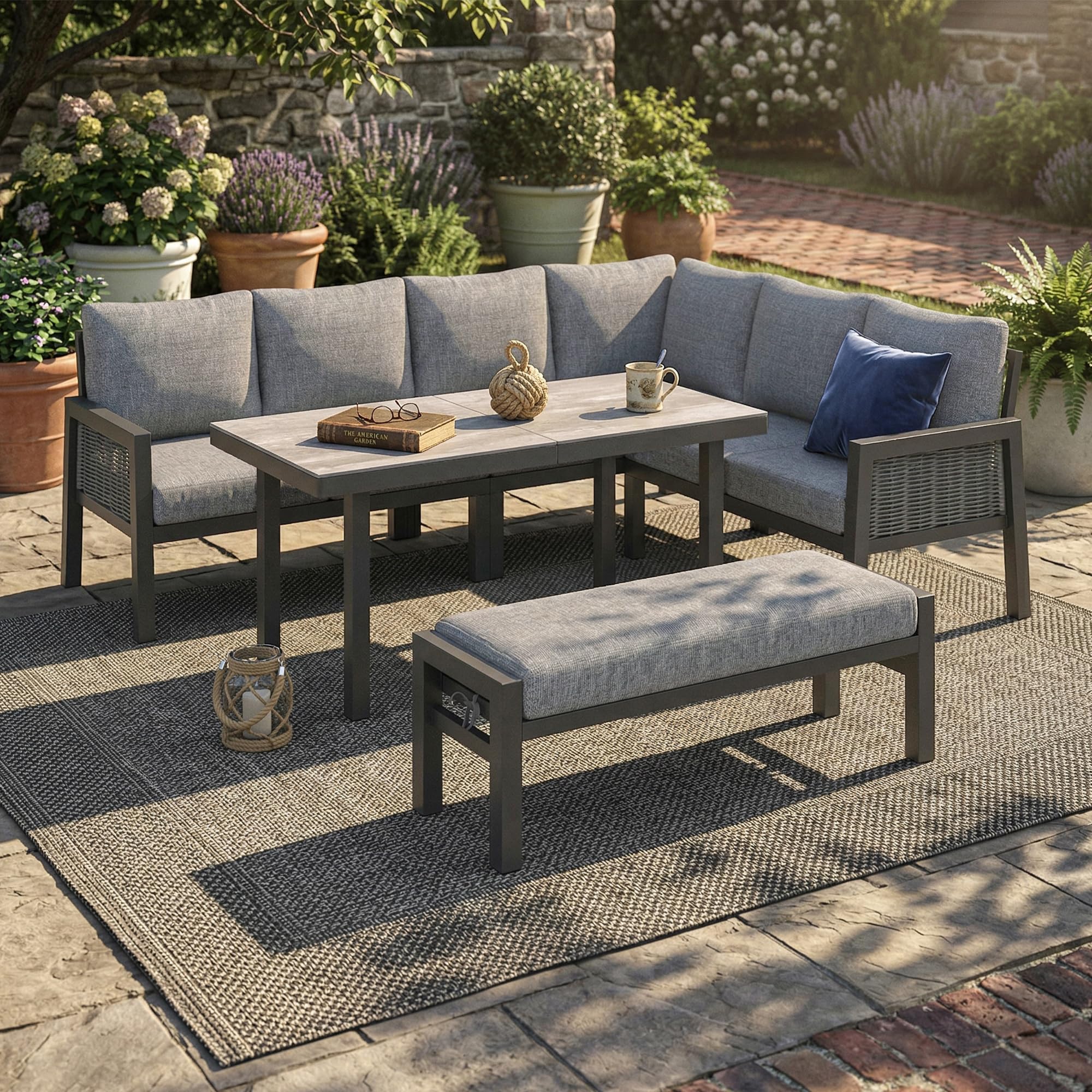 Merax Gartenmöbel Set für 8 Personen, Garten-Essgruppe mit Ecklounge & Bank, 6-Sitzer Ecksofa mit Glastisch 140×70 cm, handgeflochtenes PE-Geflecht, verzinktes Eisen, grau