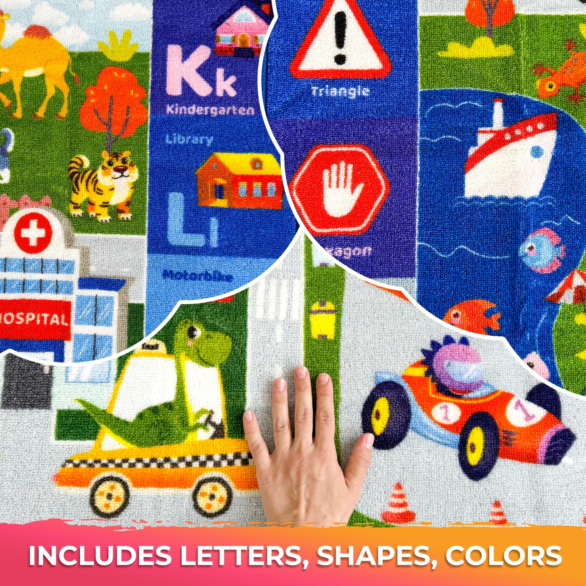 QUOKKA Tapis de salle de classe pour enfants – 198 x 140 cm – Tapis ABC pour salle de jeux – Tapis d'apprentissage de l'alphabet pour chambre à coucher – Tapis de ville pour garçons et filles – Tapis