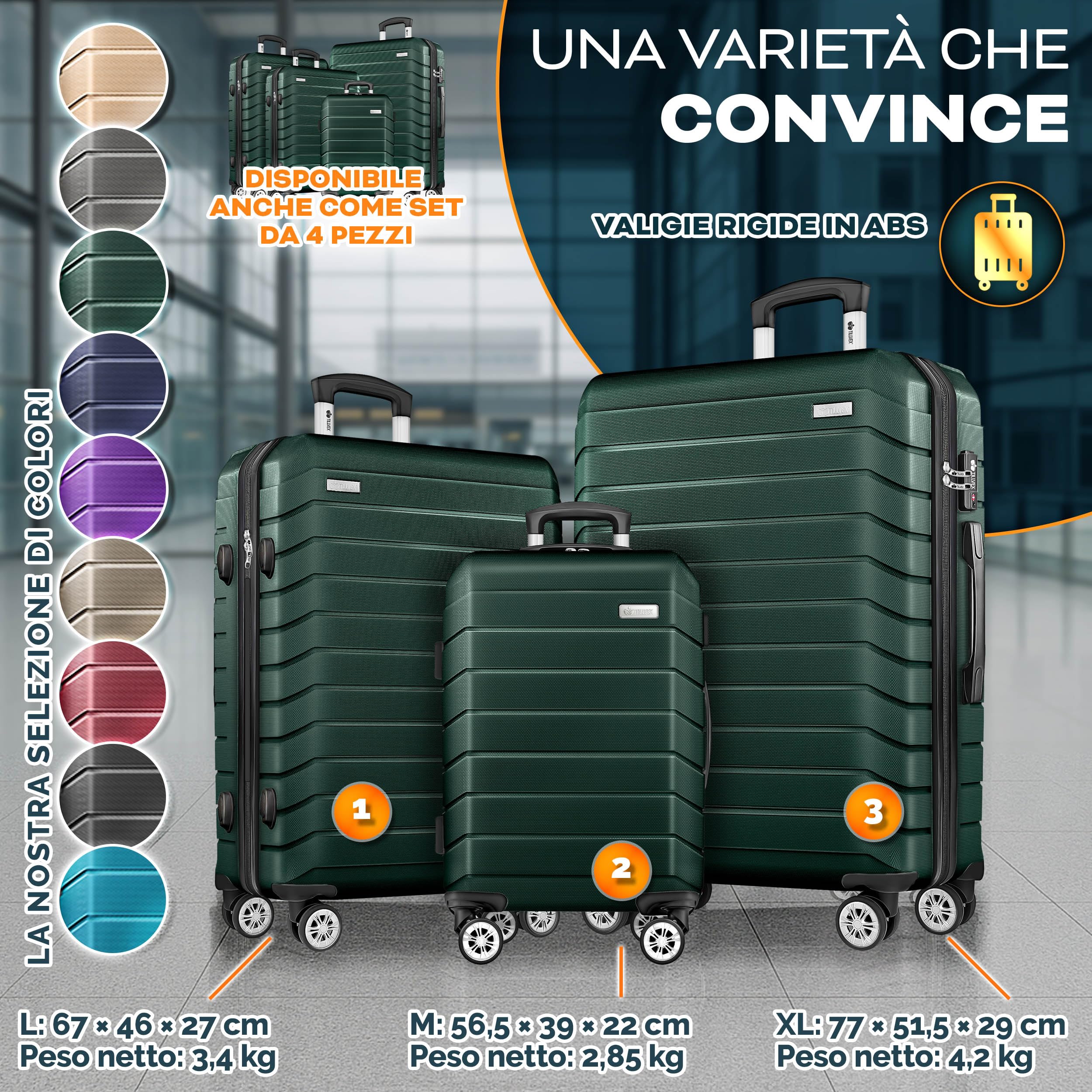 tillvex® Set di 3 valigie da viaggio + bilancia per bagagli, 3 cinghie per valigie e 3 etichette per bagagli, set da 4 ruote, trolley valigia TSA, serratura rigida M-L-XL, verde militare