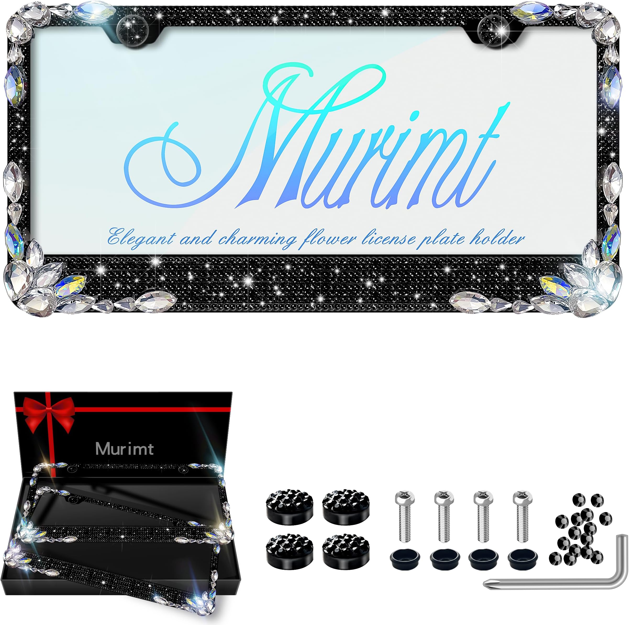 2 Pack Black Sparkly License Plate Frames Rhinestone Glitter License Plate Frame Black Plate Number Holder Cover - High End Gift Box Packaging Bling Car Accessories for Women