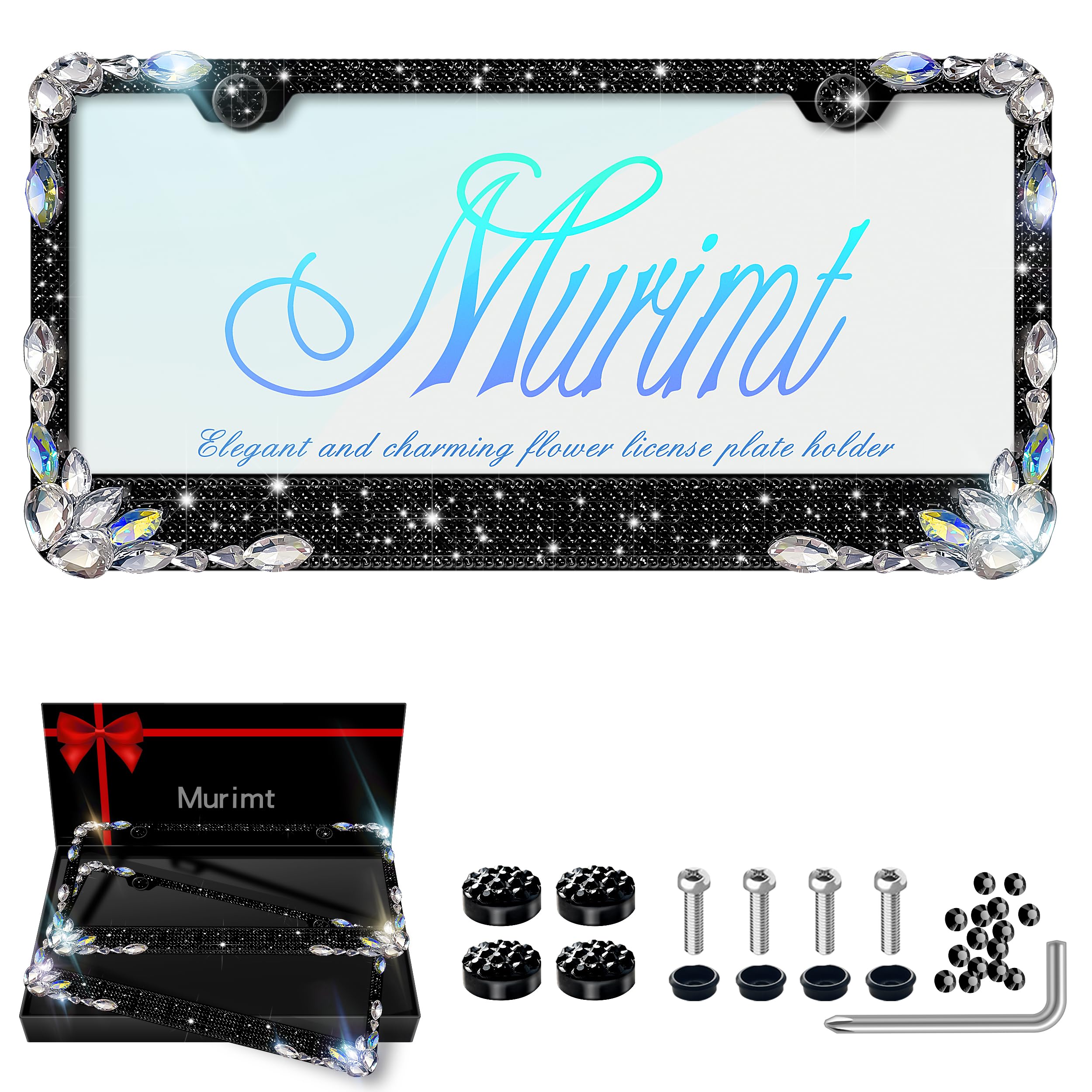 Murimt 2 Pack Black Sparkly License Plate Frames Rhinestone Glitter License Plate Frame Black License Plate Holder Cover - High End Gift Box Packaging Bling Car Accessories for Women