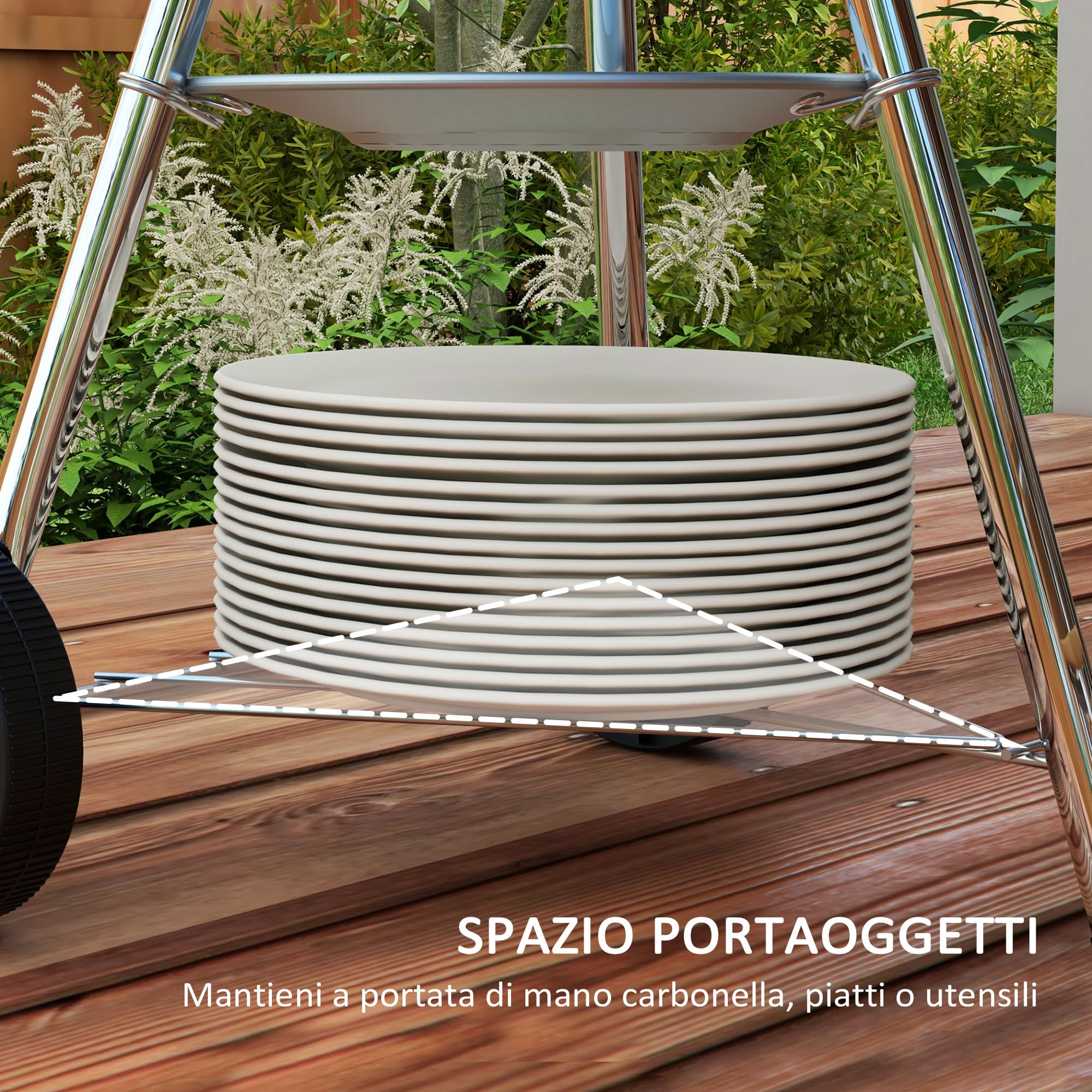 Outsunny Barbecue a Carbonella con Griglia in Metallo, Barbecue da Giardino con Coperchio, Prese d'Aria, Ruote, Raccogli Cenere, Ripiano e Maniglia in Legno, 48x56x94 cm, Nero