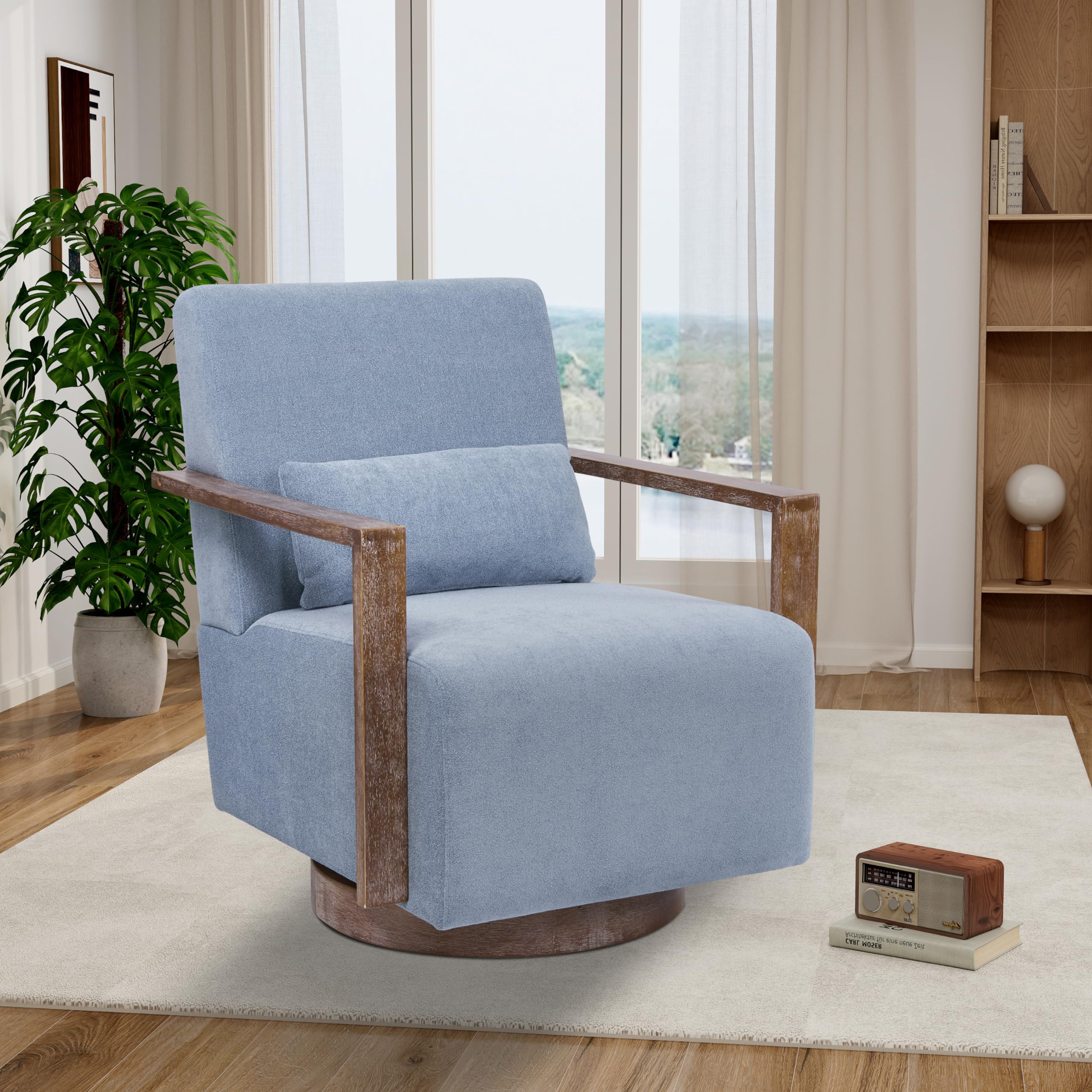 30.5" W Swivel Modern Fabric Upholstered Accent Chair with Solid Wood Armrests, Comfy Lounge Reading Chair, Side Armchair for Hotel Bedroom Living