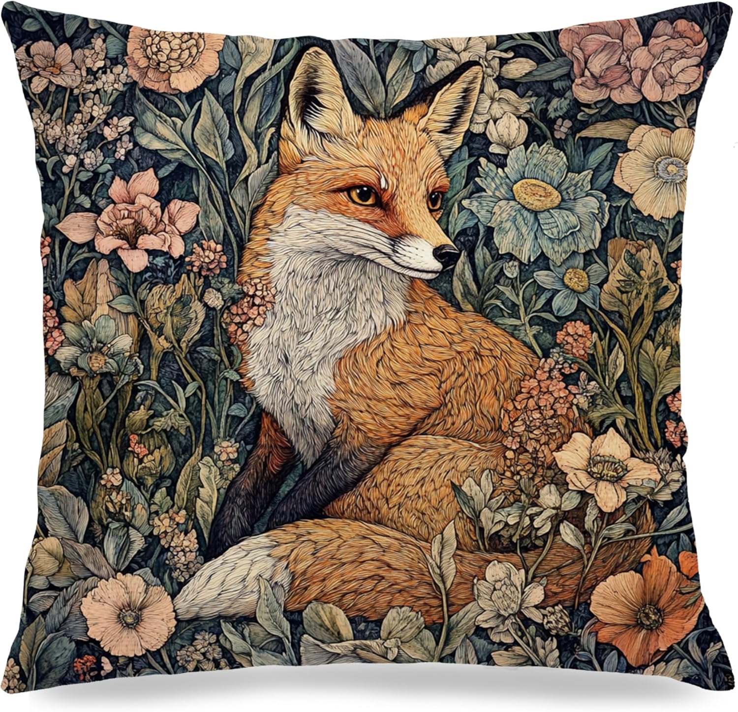 Cottagecore William Morris Inspired Fox Floral Print Pillow Covers 18x18,Vintage Fox Animal Floral Decorative Throw Pillow Covers for Home Bedroom Living Room