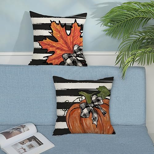 Miniatura 114 de Juego de 2 fundas de almohada de otoño de 18 x 18 pulgadas, hojas de arce de calabaza y búfalo a cuadros, decoración de otoño, de lino, Acción