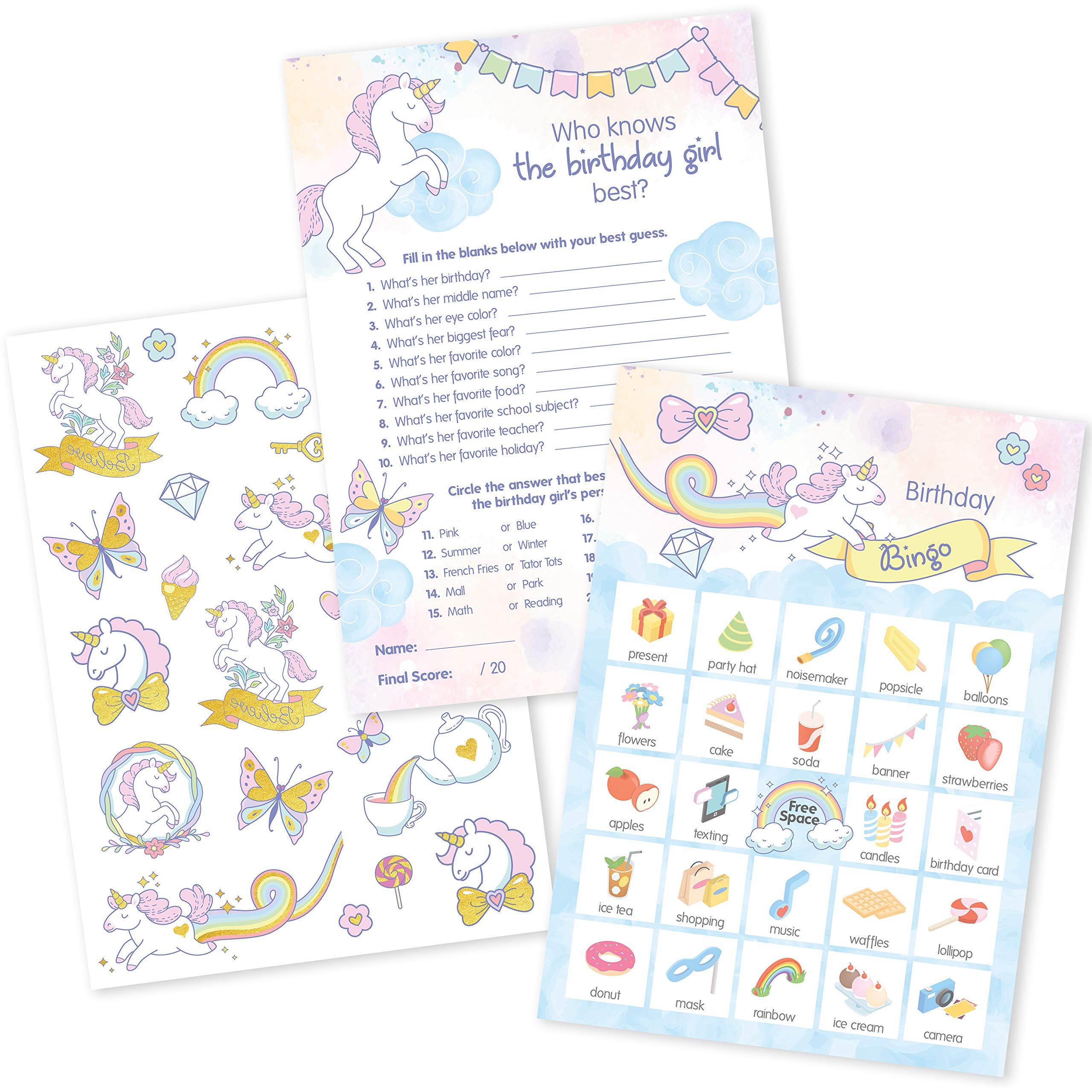 Buy Unicorn Birthday Party Game Set, 2 Games 24 Sheets Each 5x7 Inches ...
