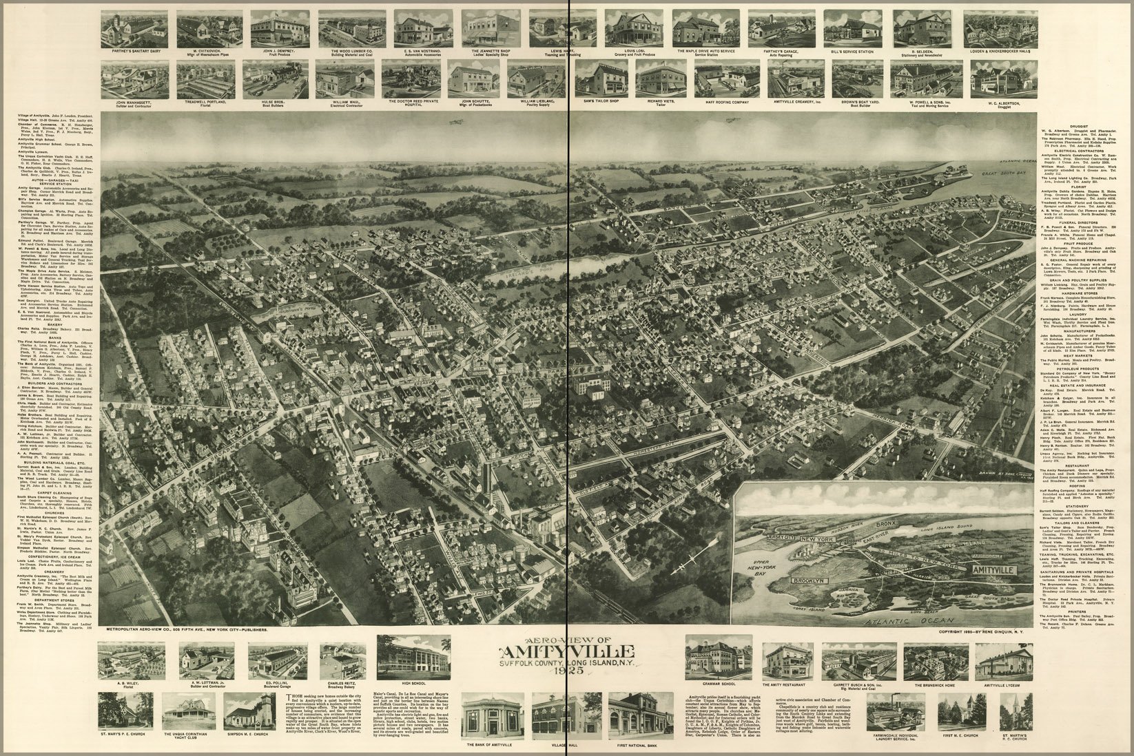 History Galore 24"x36" Gallery Poster, Aero-view map of Amityville, Suffolk County, Long Island, New york 1925