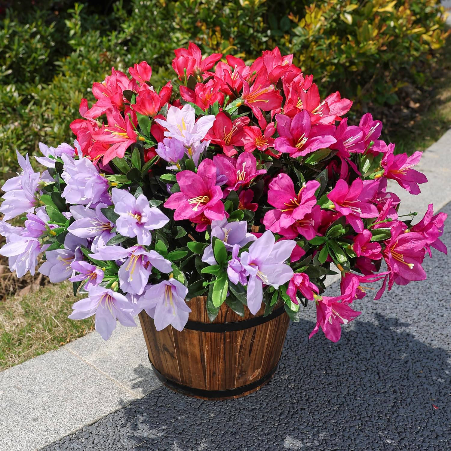 INSPRING Artificial Flowers for Outdoors Outside, 3 Bundles Fake Silk Azalea Flower Realistic UV Resistant Spring Flowers for Decoration Faux Plants for Outdoor Planters Porch Patio Garden Home, Mix
