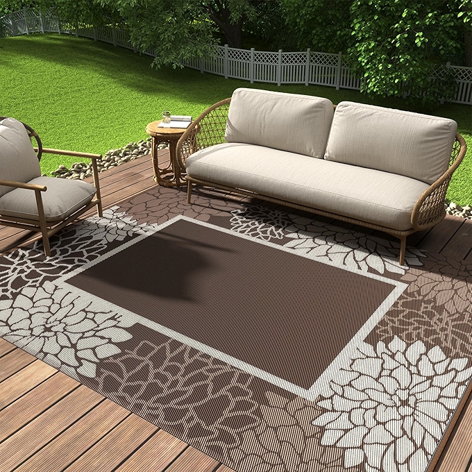 户外防水地毯 5x8尺 便携式露营地毯 可反转阳台庭院毯 米色与棕色