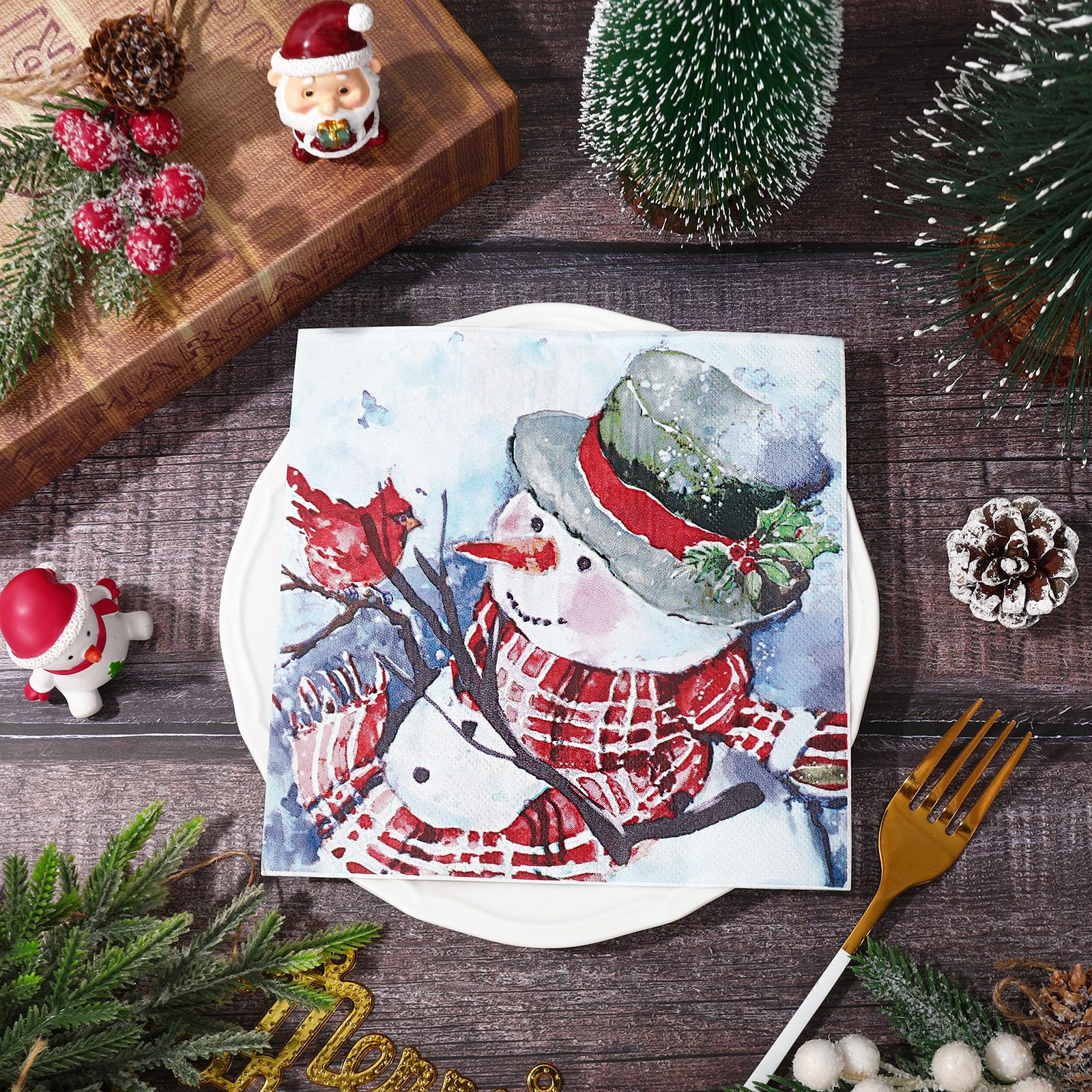 JarThenaAMCS Papierservietten, Motiv: Schneemann, Aquarellfarben, Schneemann, Kardinäle, Einweg-Servietten, niedliches Weihnachtsessen, Abendessen, Servietten für Weihnachten, Winter, Partyzubehör, 80