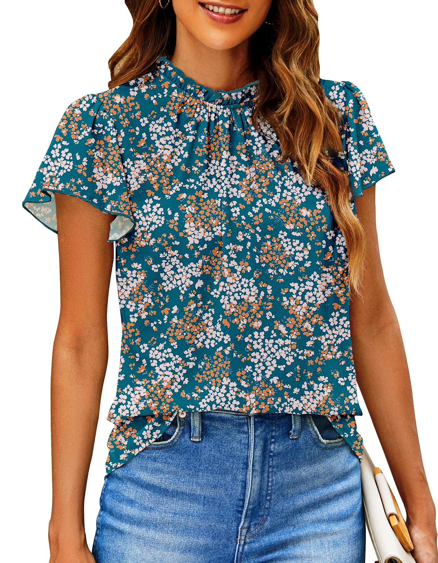 SimpleFun Women Boho Shirts Floral Ruffle Short Sleeve Summer Blouses Tops