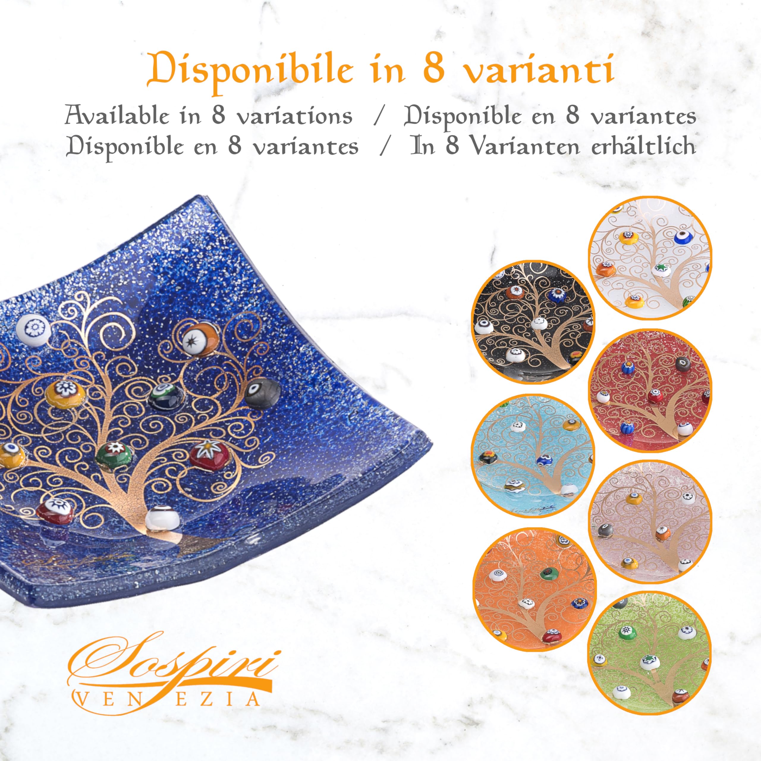 Sospiri Venezia Svuotatasche Albero della Vita in Vetro di Murano Murrine e Oro Idea Regalo Piatto Vassoio Decorativo Made Italy Portaoggetti Soprammobile Bomboniere Cerimonia 14x14 cm
