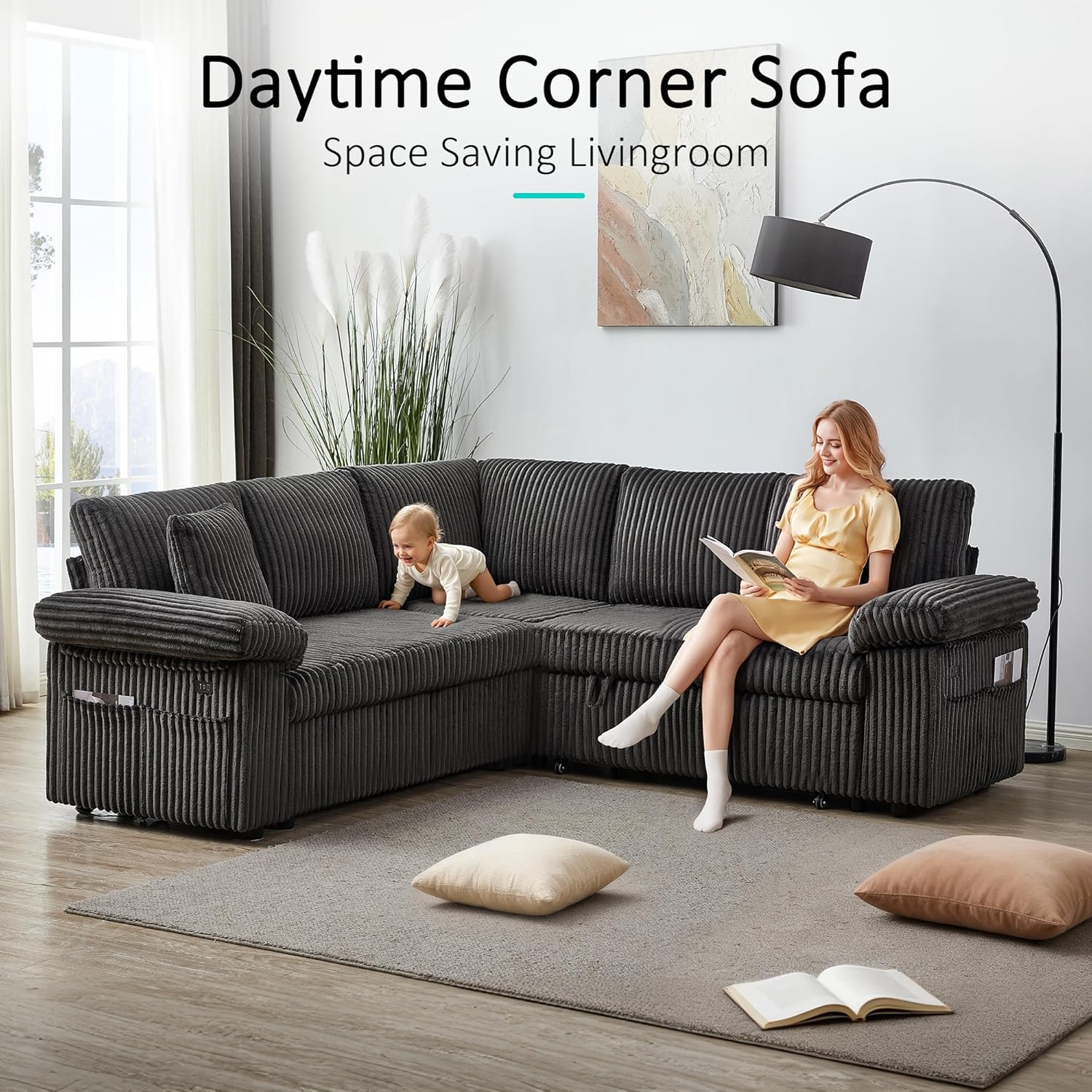 Sectional Sleeper Sofa with Pull Out Couch Bed - Corduroy Fabric with Storage Seat & USB Charging, Reclining Backrest L Shaped Modular Couches for Living Room Apartment (Darkgrey)