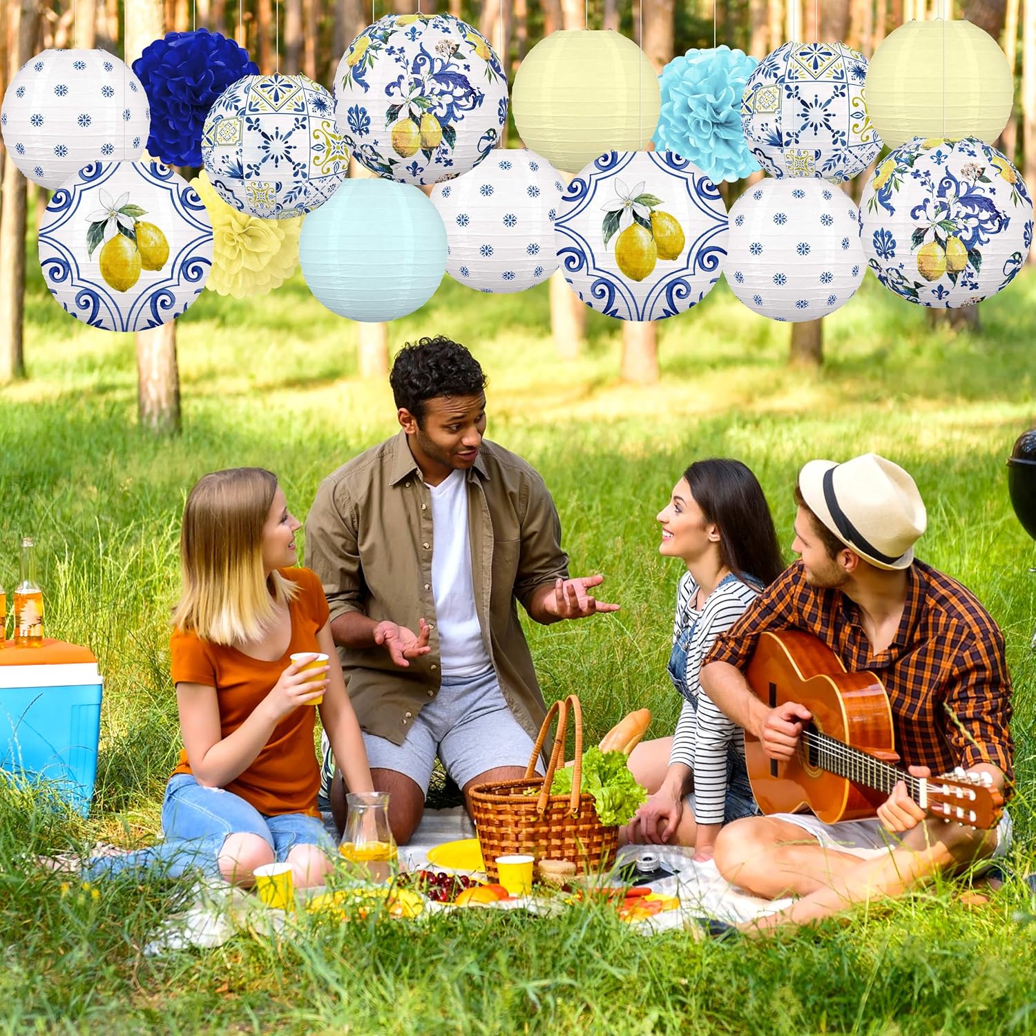 15PCS Lemon Paper Lanterns Party Decorations: Amalfi Coast Capri Yellow Blue Tiles Mediterranean Hanging Decor for Bridal Shower Birthday Wedding Supplies