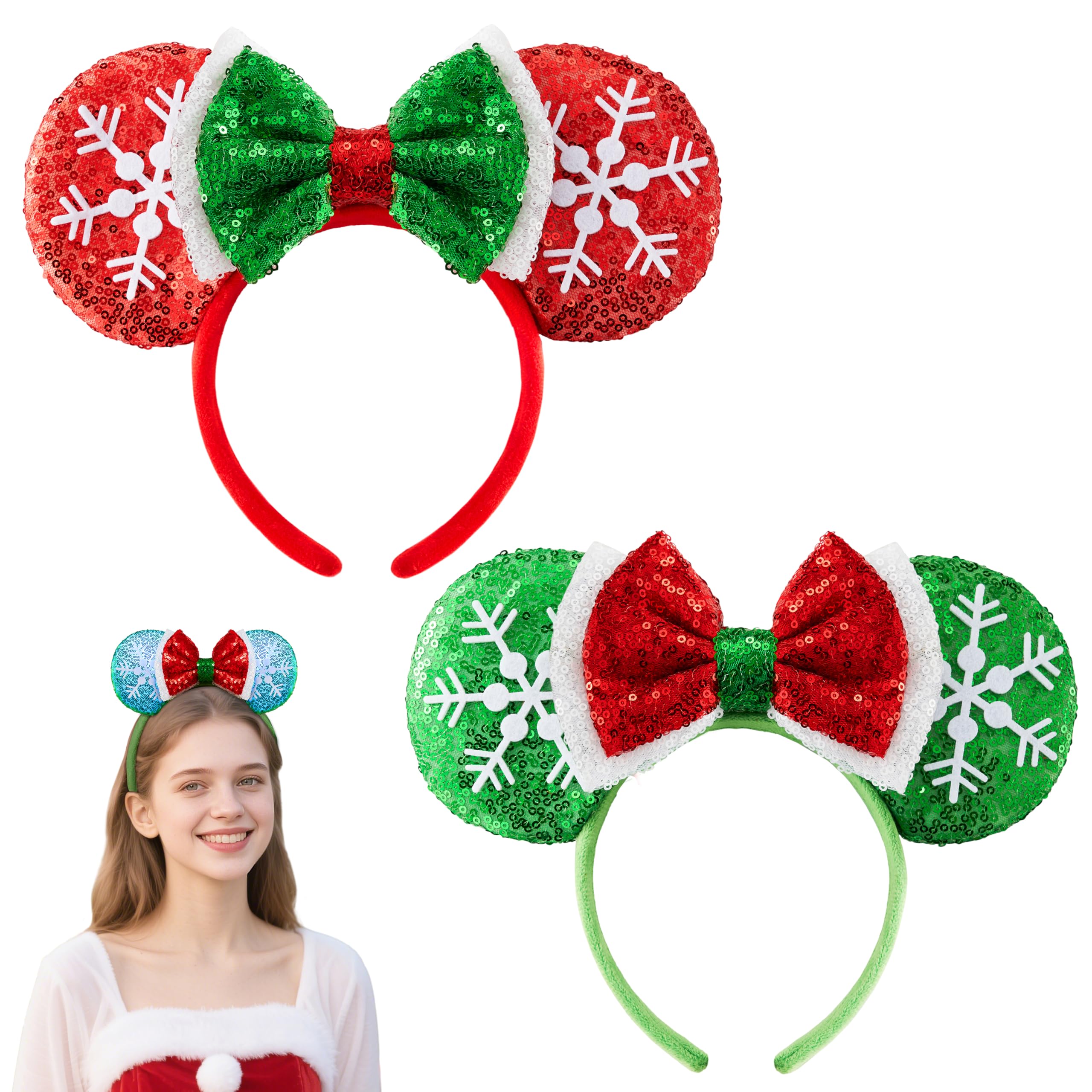 JOYIN 2 Pcs LED Christmas Mouse Ears Headbands, Lightup Red & Green Xmas Themed Ears Headwear with Glitters, Christmas Hair Accessories for Adult Women Girl Kids Party Favor Cosplay Supplies
