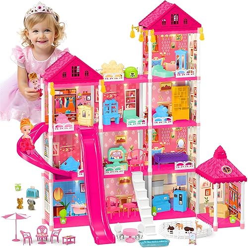 keefun Doll House for 3 4 5 6 7 8+ Year Old Girl Birthday Gifts, Large Princess Castle Dream dollhouse for Toddlers 3-5 with Lights, Pink Educational STEM Building Toys for Kids Ages 4-8 4-6 Play Game