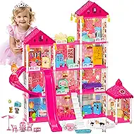 keefun Doll House for 3 4 5 6 7 8+ Year Old Girl Birthday Gifts, Large Princess Castle Dream dollhouse for Toddlers 3-5 with Lights, Pink Educational STEM Building Toys for Kids Ages 4-8 4-6 Play Game