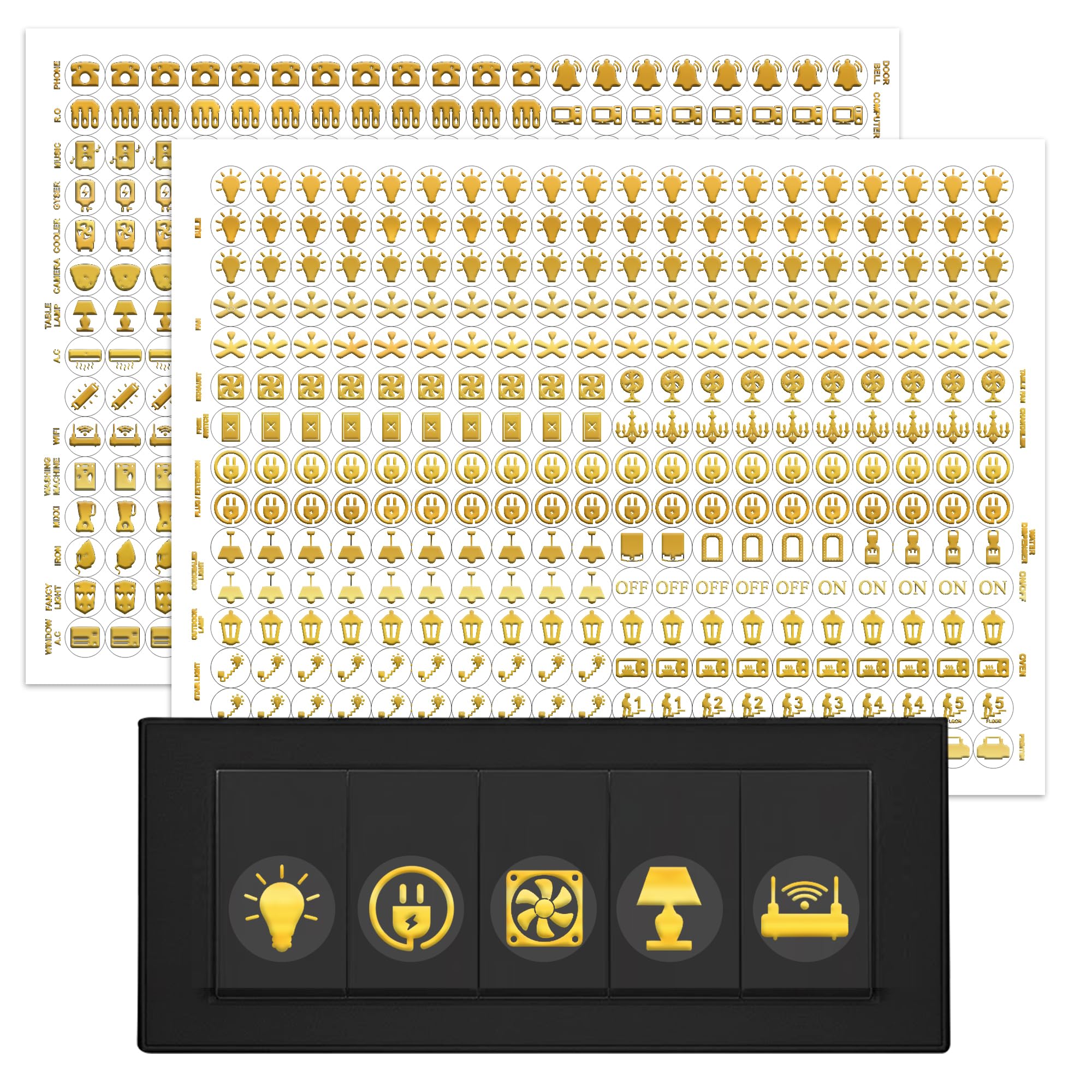 GLUN 600 Golden Vinyl Switchboard Stickers | 60+ Embossed Luxury Self-Adhesive Icons for Fan, Light, AC & Home Switch Buttons