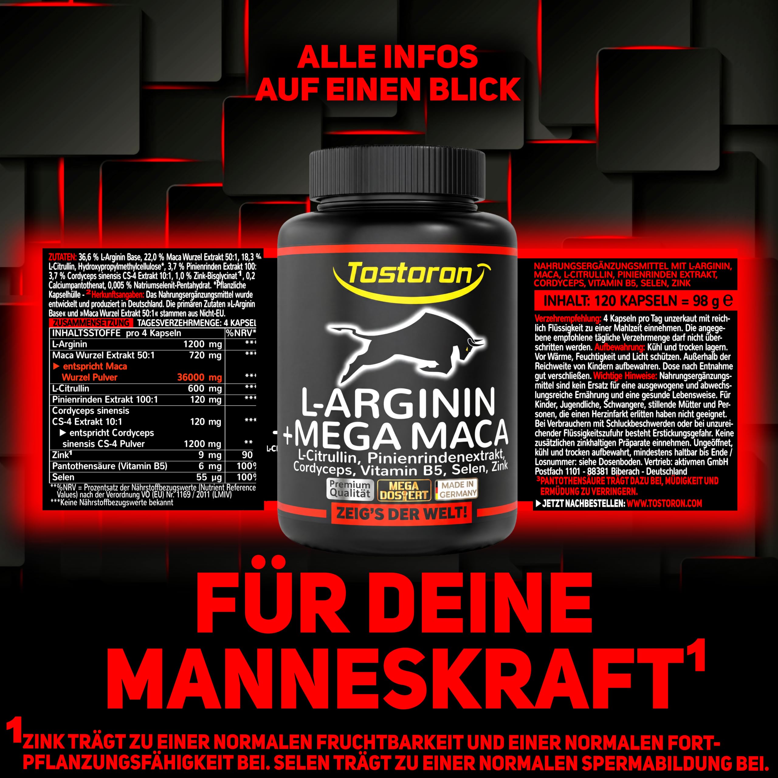L-Arginin + MEGA MACA - 120 Kapseln EXTRA STARK + HOCHDOSIERT 1 Dose, 1x98g
